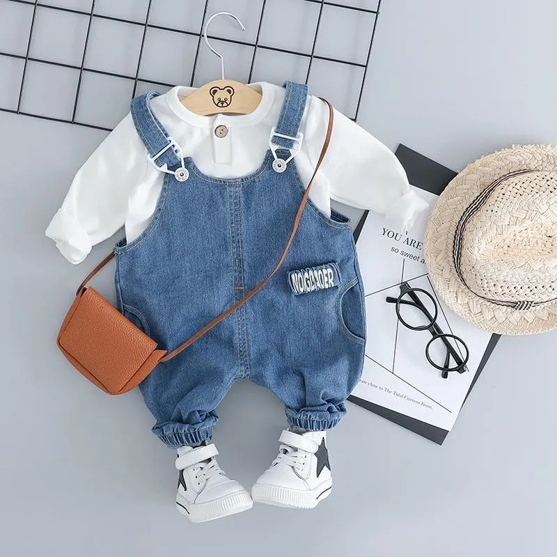 2-piece Solid Sweatshirt & Denim Dungarees for Toddler Boy Wholesale children's clothing