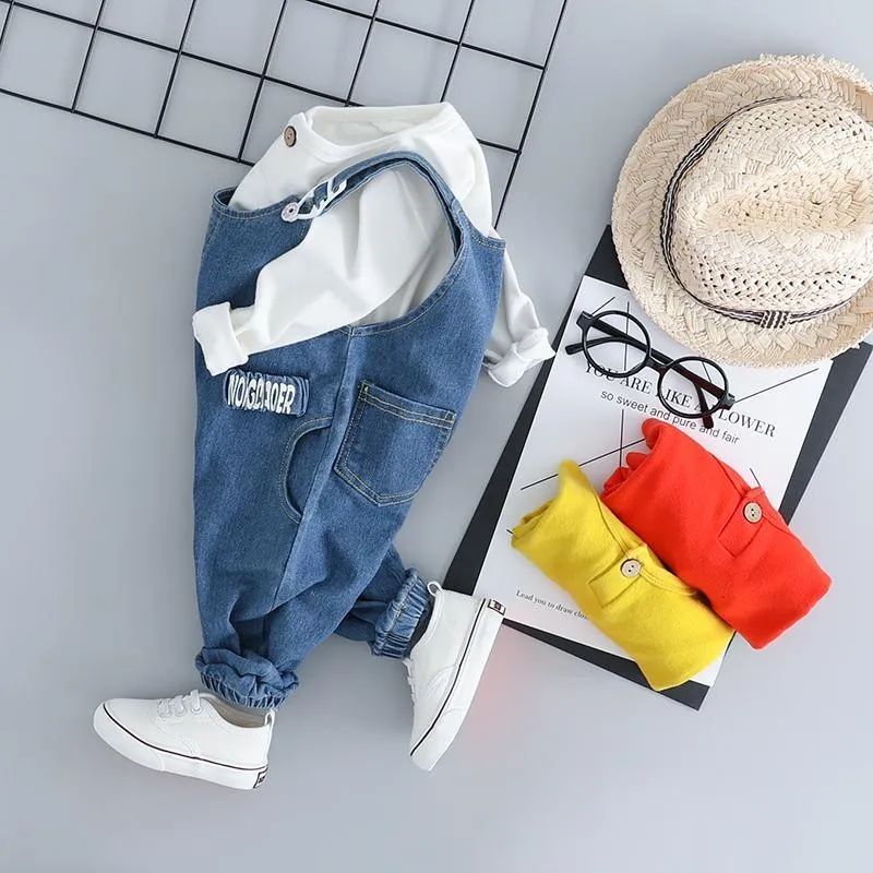 2-piece Solid Sweatshirt & Denim Dungarees for Toddler Boy Wholesale children's clothing