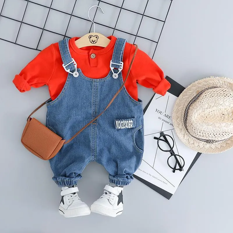 2-piece Solid Sweatshirt & Denim Dungarees for Toddler Boy Wholesale children's clothing