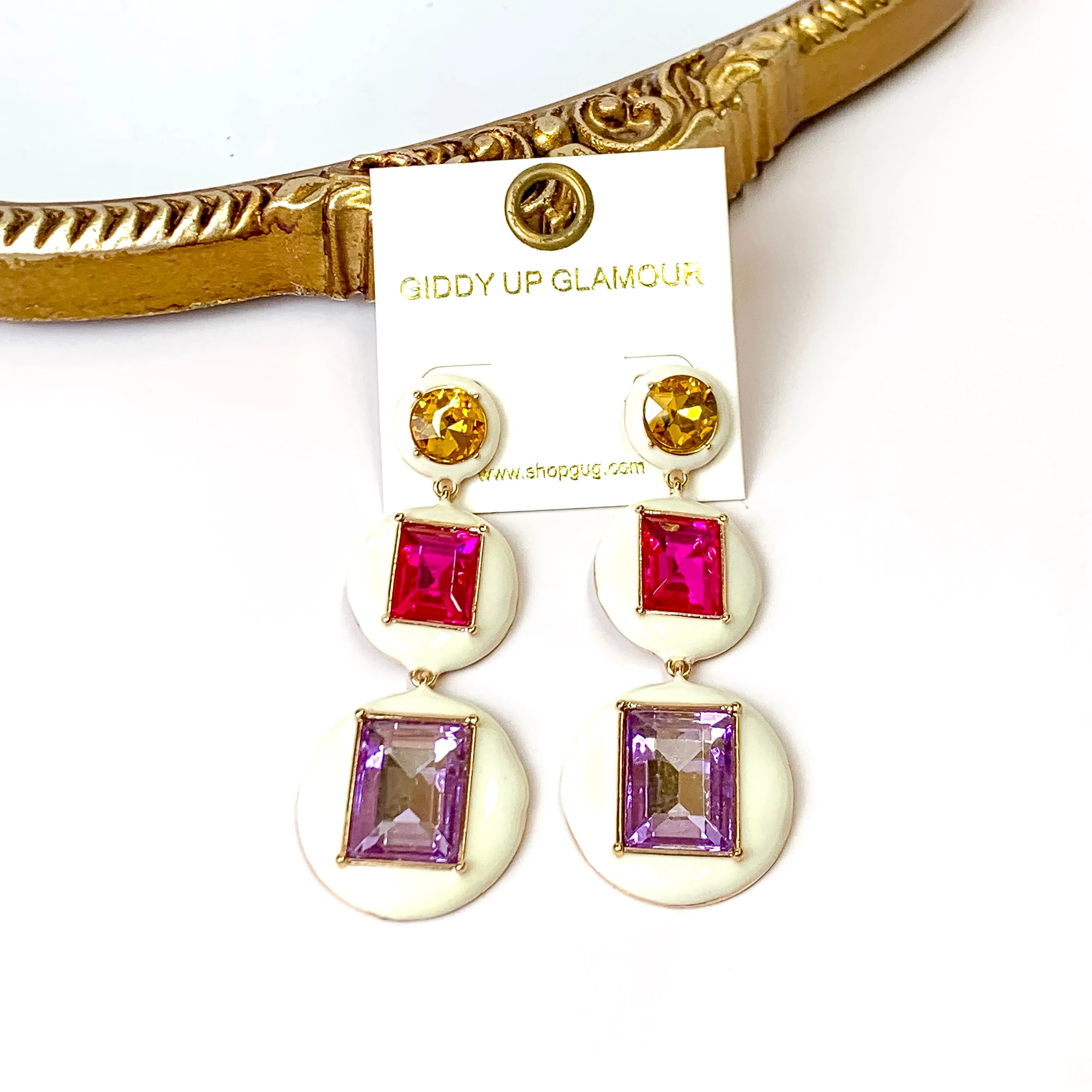 3 Tier Multicolor Enamel Framed Stone Drop Earrings in Ivory