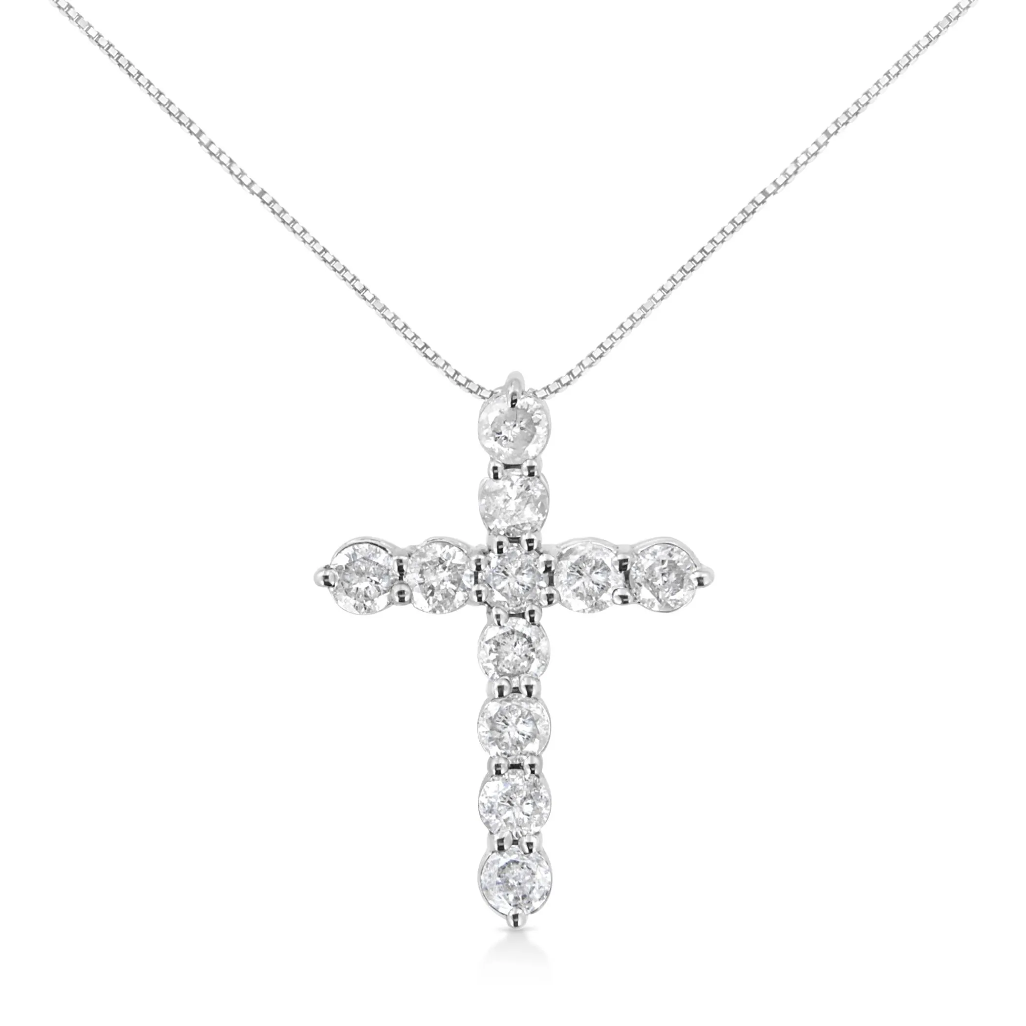 .925 Sterling Silver 1.0 Cttw Prong Set Round-Cut Diamond Cross 18" Pendant Necklace (I-J Color, I2-I3 Clarity)