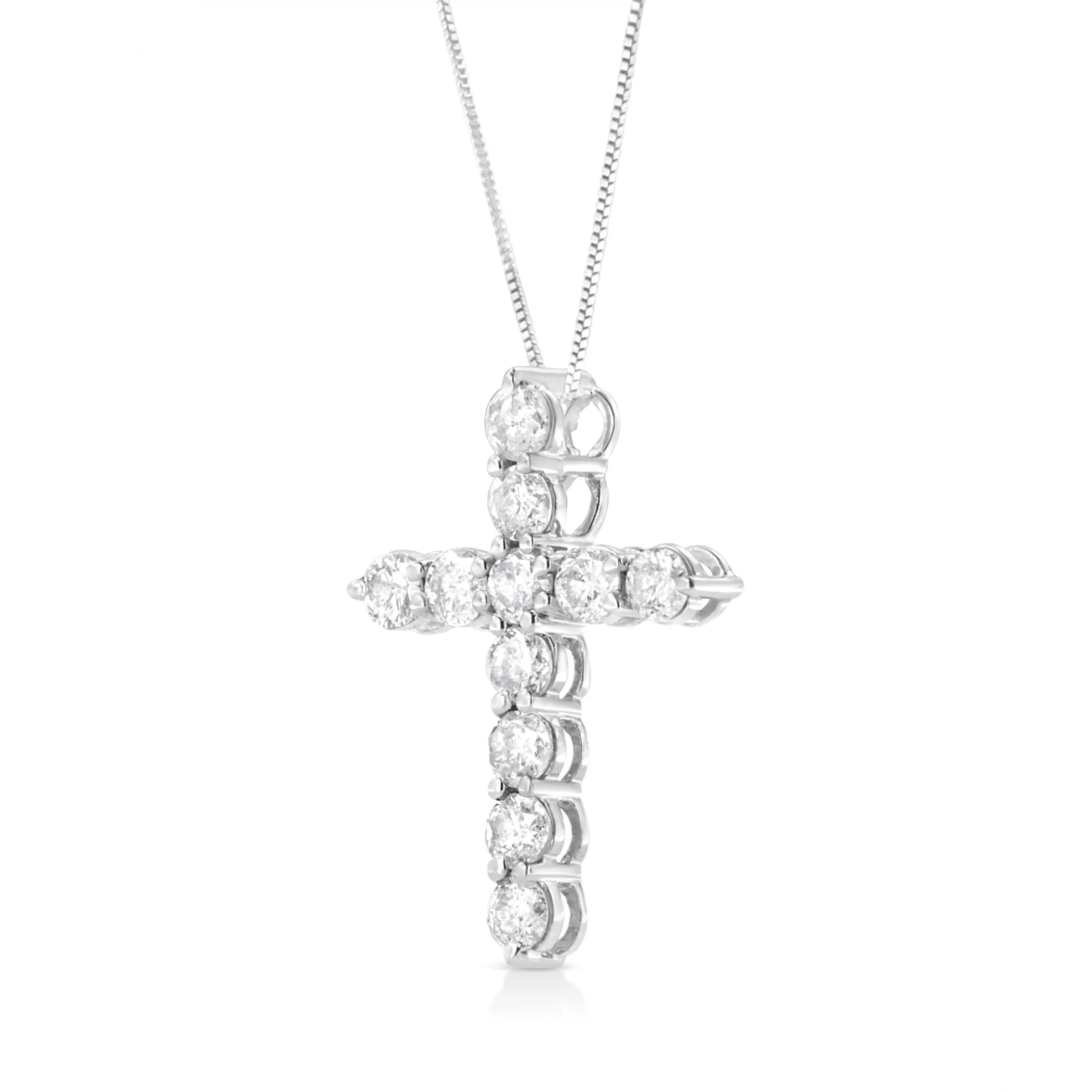 .925 Sterling Silver 1.0 Cttw Prong Set Round-Cut Diamond Cross 18" Pendant Necklace (I-J Color, I2-I3 Clarity)