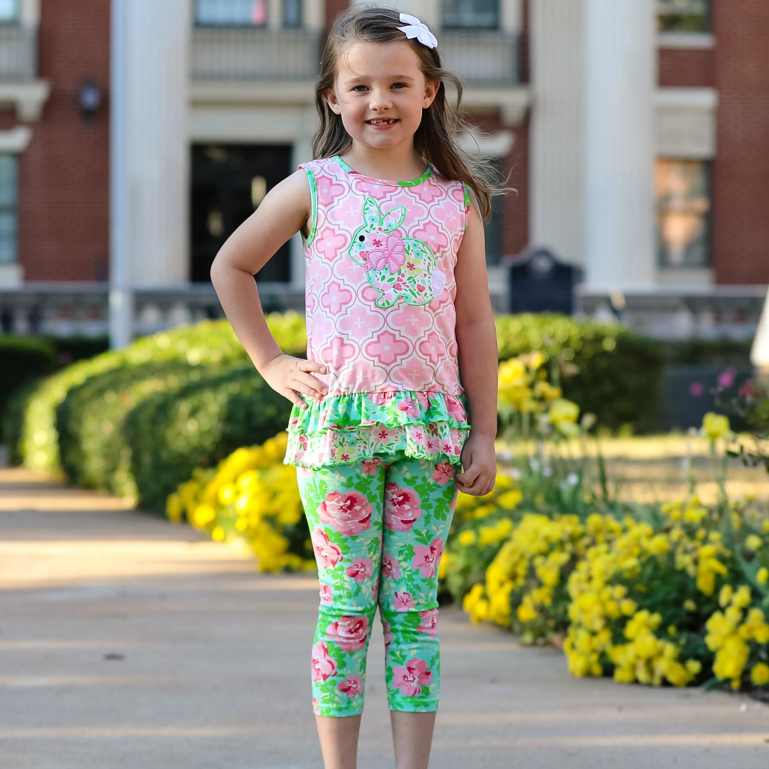 AnnLoren Easter Bunny Floral Tunic Leggings Clothing Set