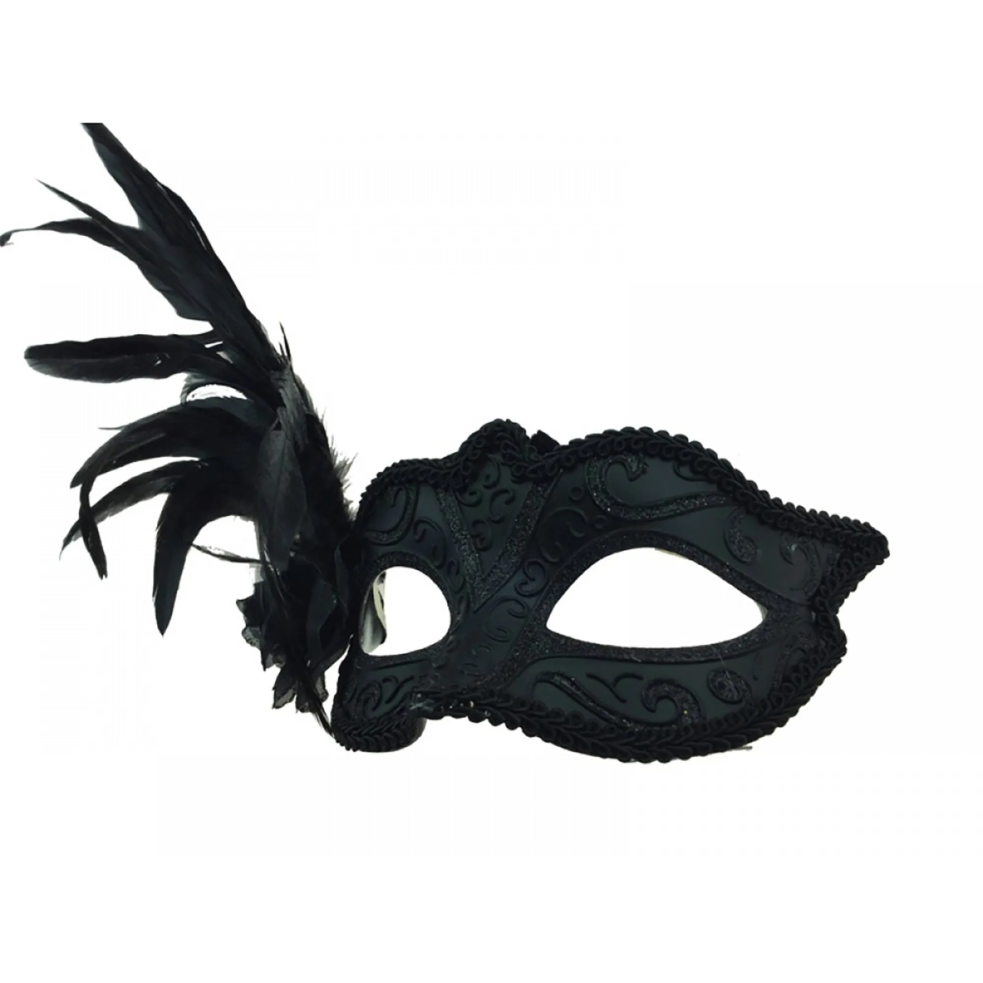 Black Flower Venetian Mask with Feather, 1 Count