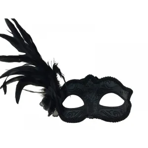 Black Flower Venetian Mask with Feather, 1 Count