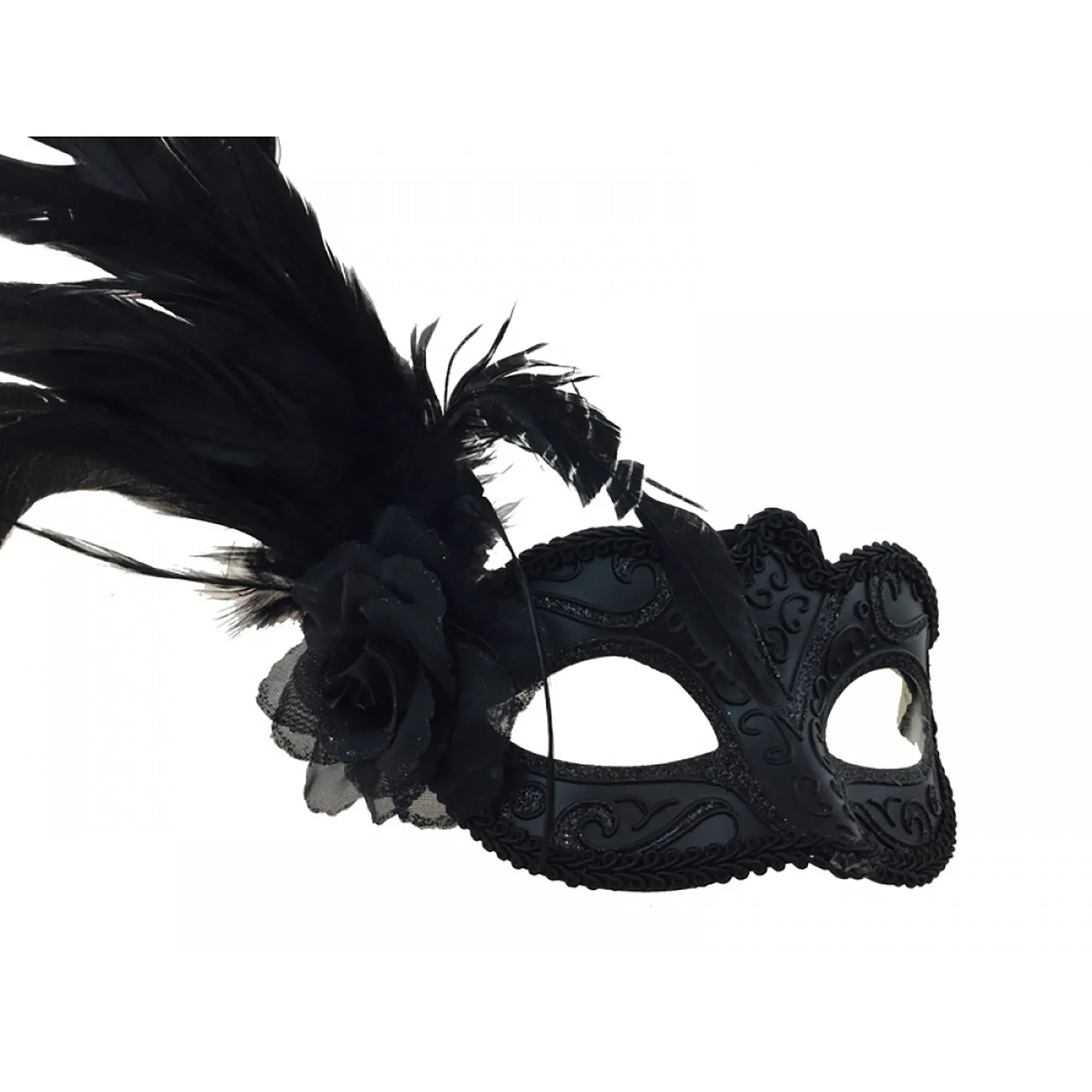 Black Flower Venetian Mask with Feather, 1 Count