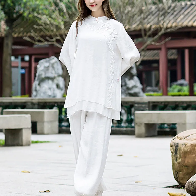 Buddha Stones 2Pcs White Flowers Yoga Clothing Meditation Clothing Top Pants Women's Set