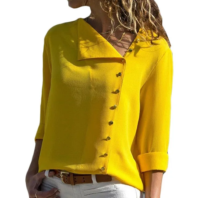 Chiffon Long Sleeve Skew Collar Solid Office Women Blouses And Tops