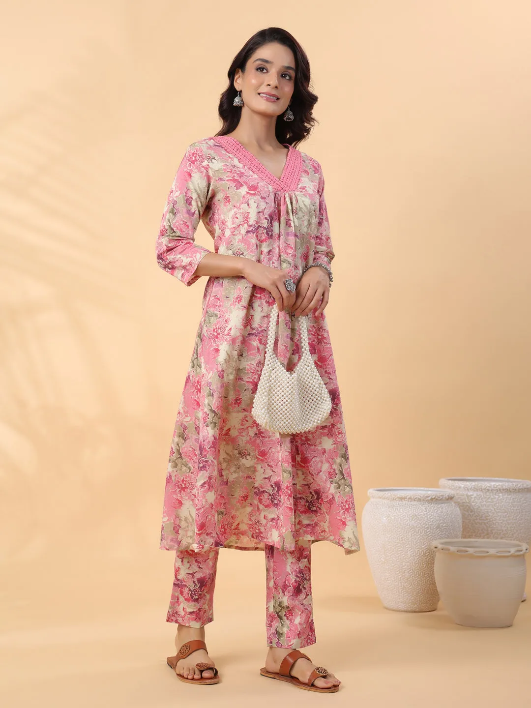 Cream Cotton Abstract Pleated Kurta Set