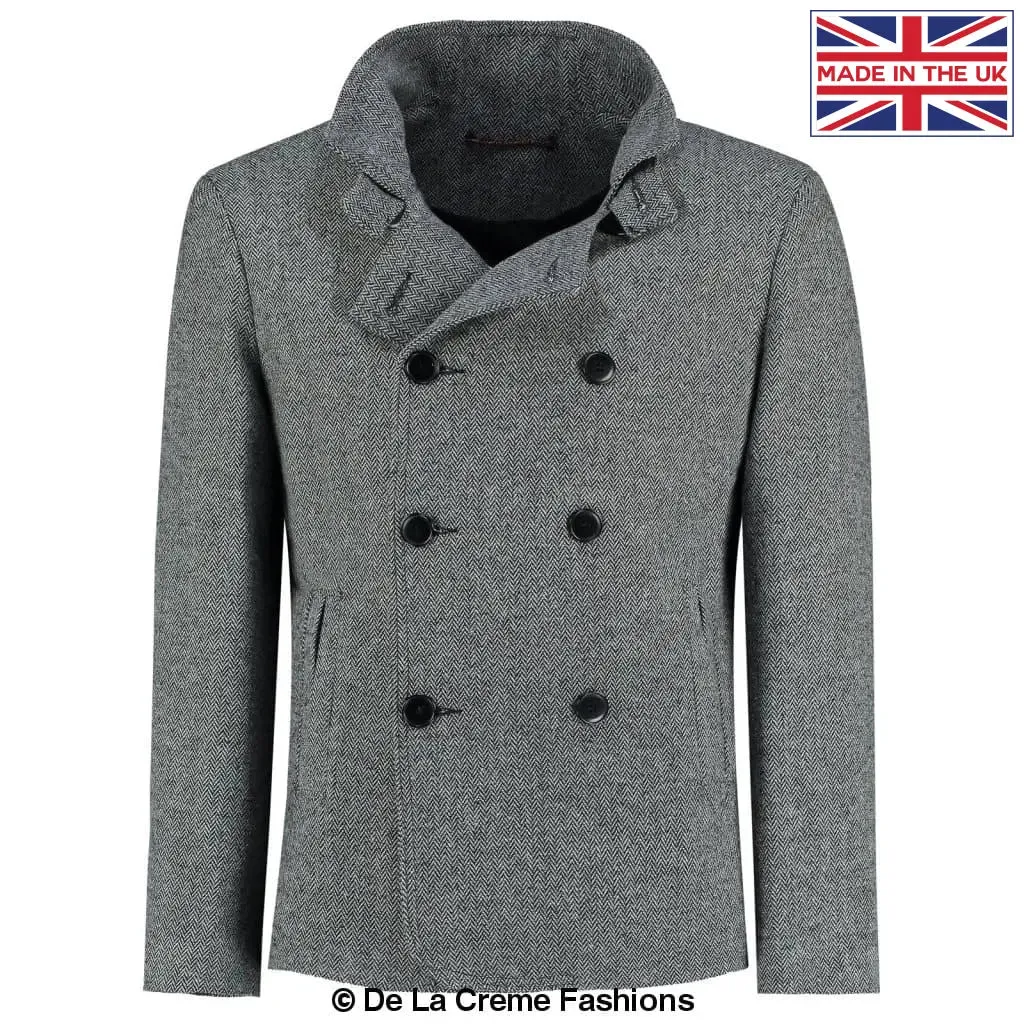 De La Creme MAN - Herringbone Tweed Blend Short Reefer Coat