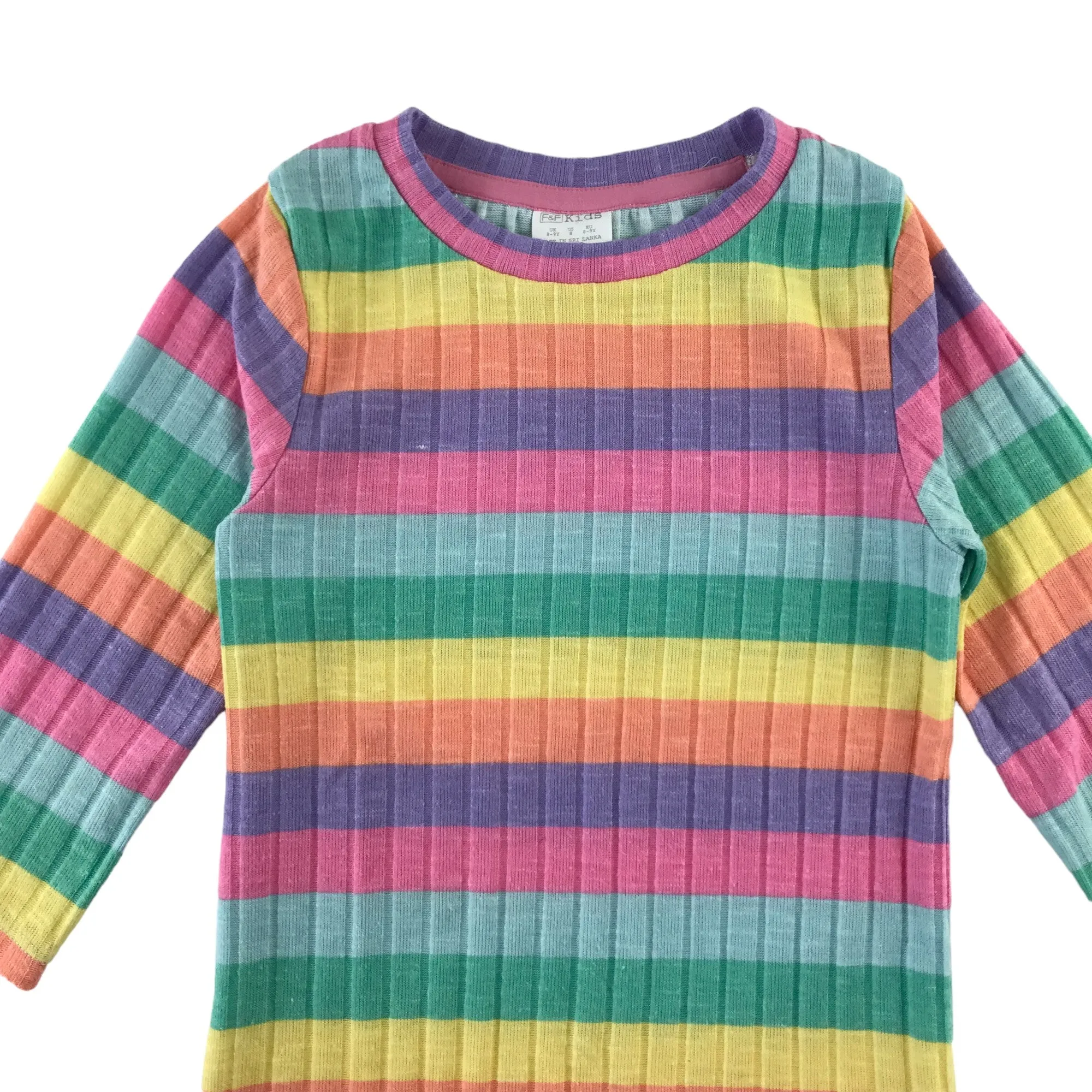 F&F t-shirt 8-9 years multicolour stripy 3/4 sleeve stretchy