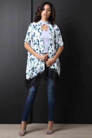 Floral Print Lace-Hem Open Front Kimono