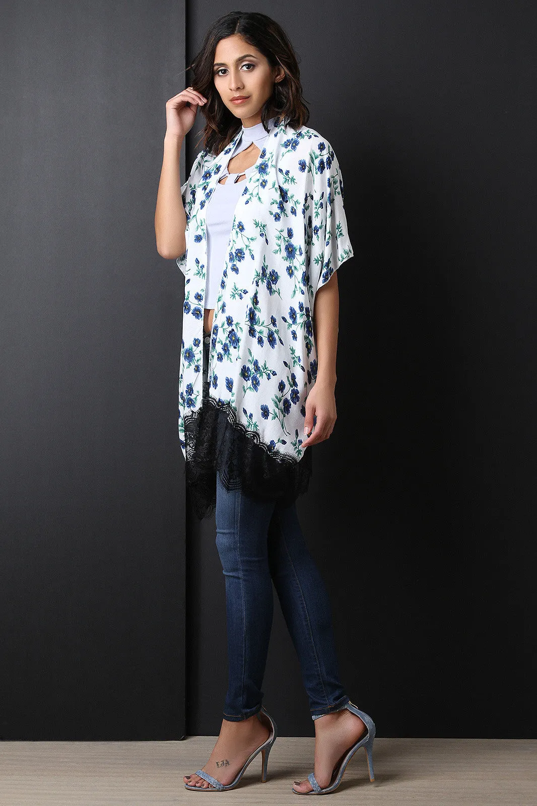 Floral Print Lace-Hem Open Front Kimono