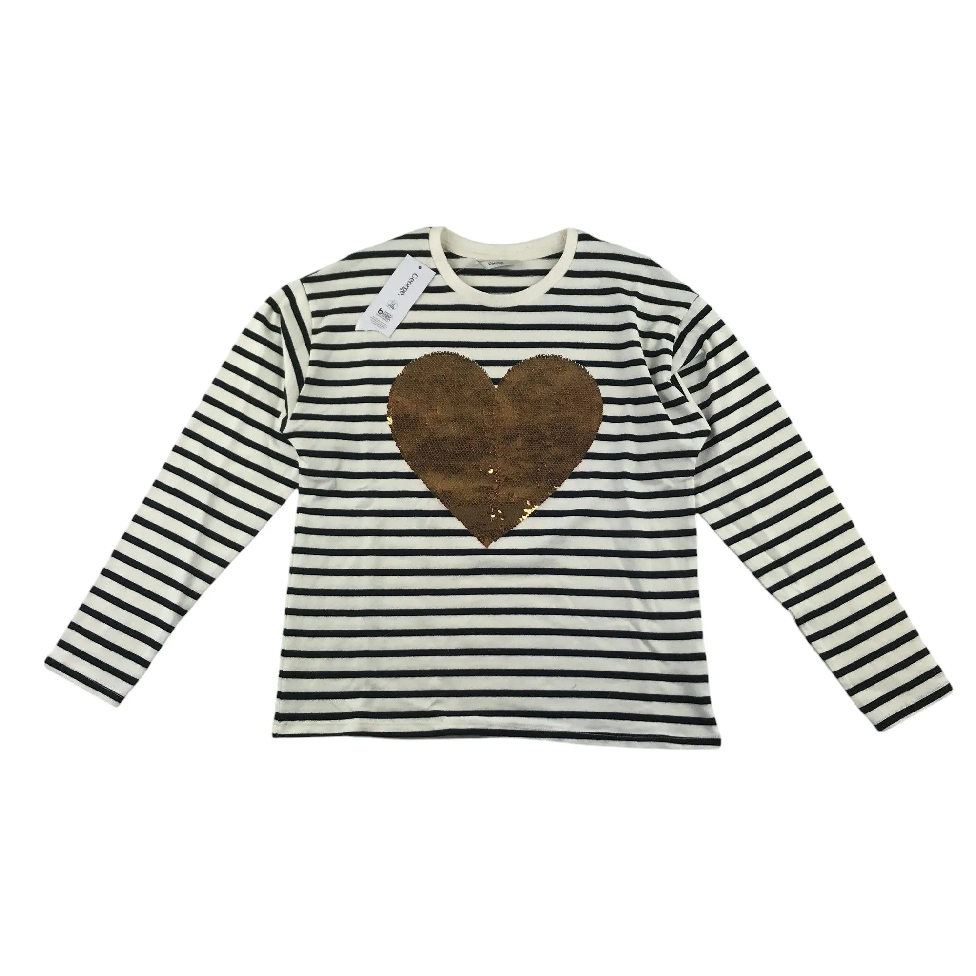 George light jumper 12-13 years white and black stripy flip sequin love heart cotton