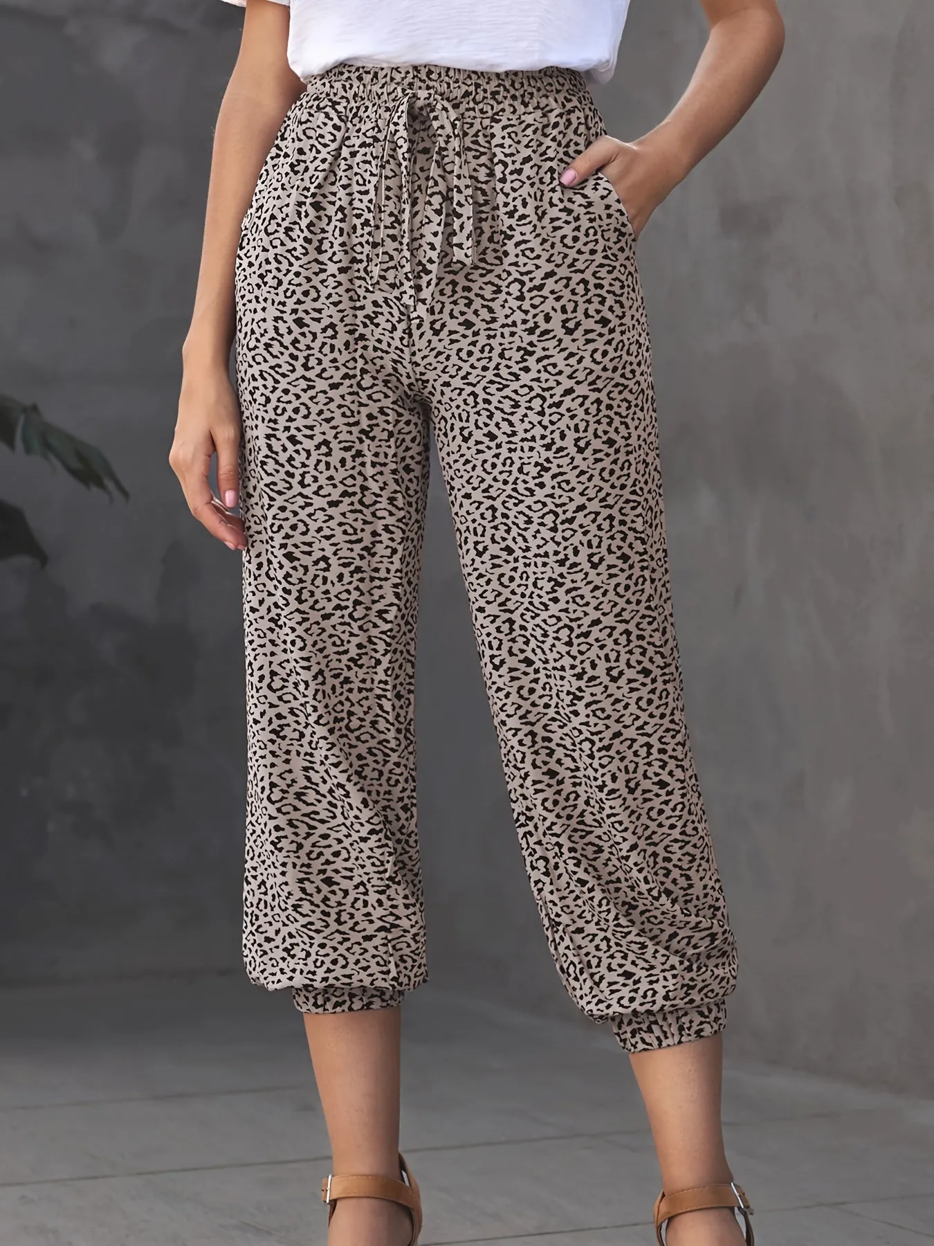 Leopard Print Drawstring High Waist Stretchy Casual Every Day Pants