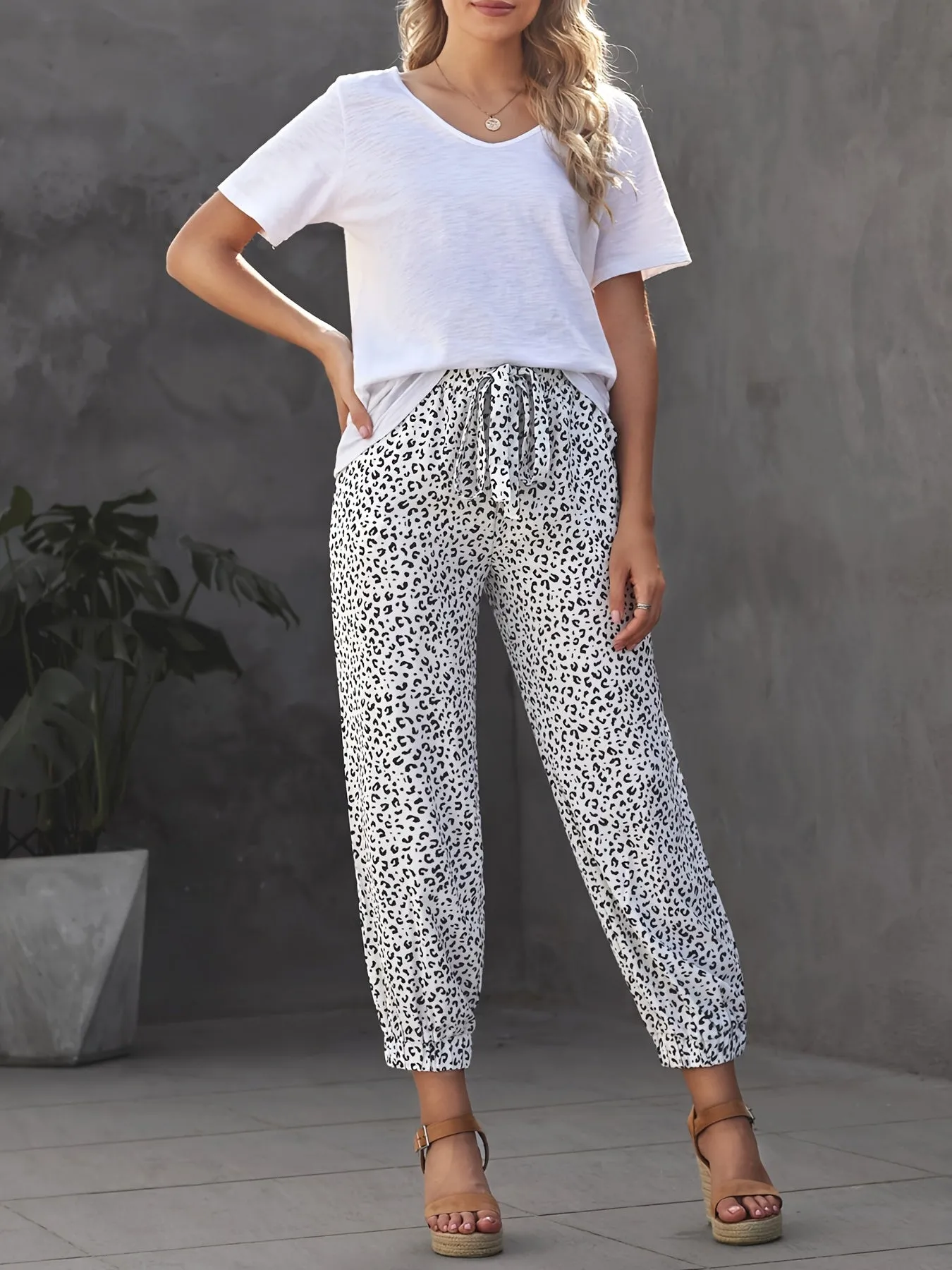 Leopard Print Drawstring High Waist Stretchy Casual Every Day Pants