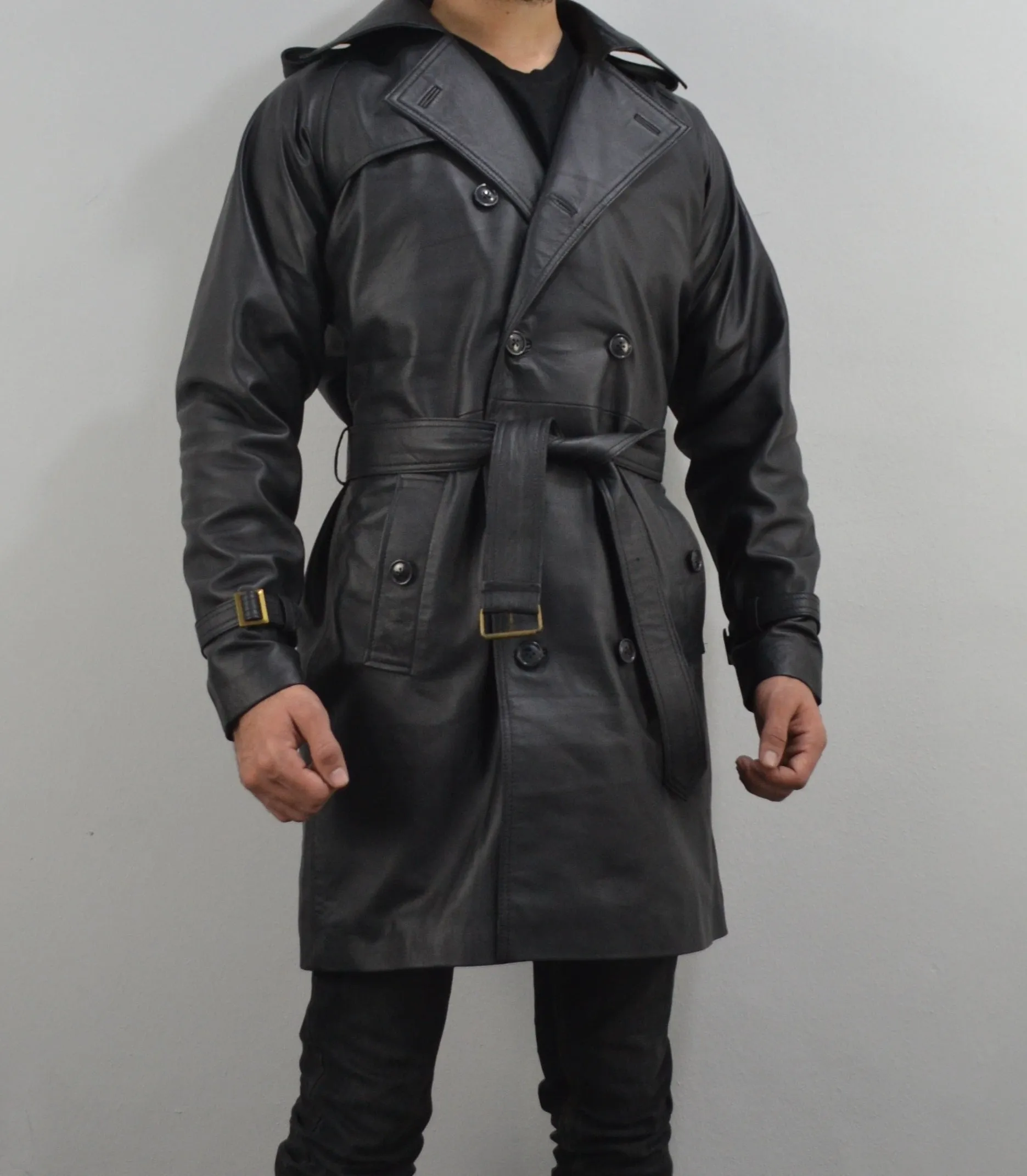 Men's Black Double-Breasted Mid-Length Belted Genuine Leather Coat