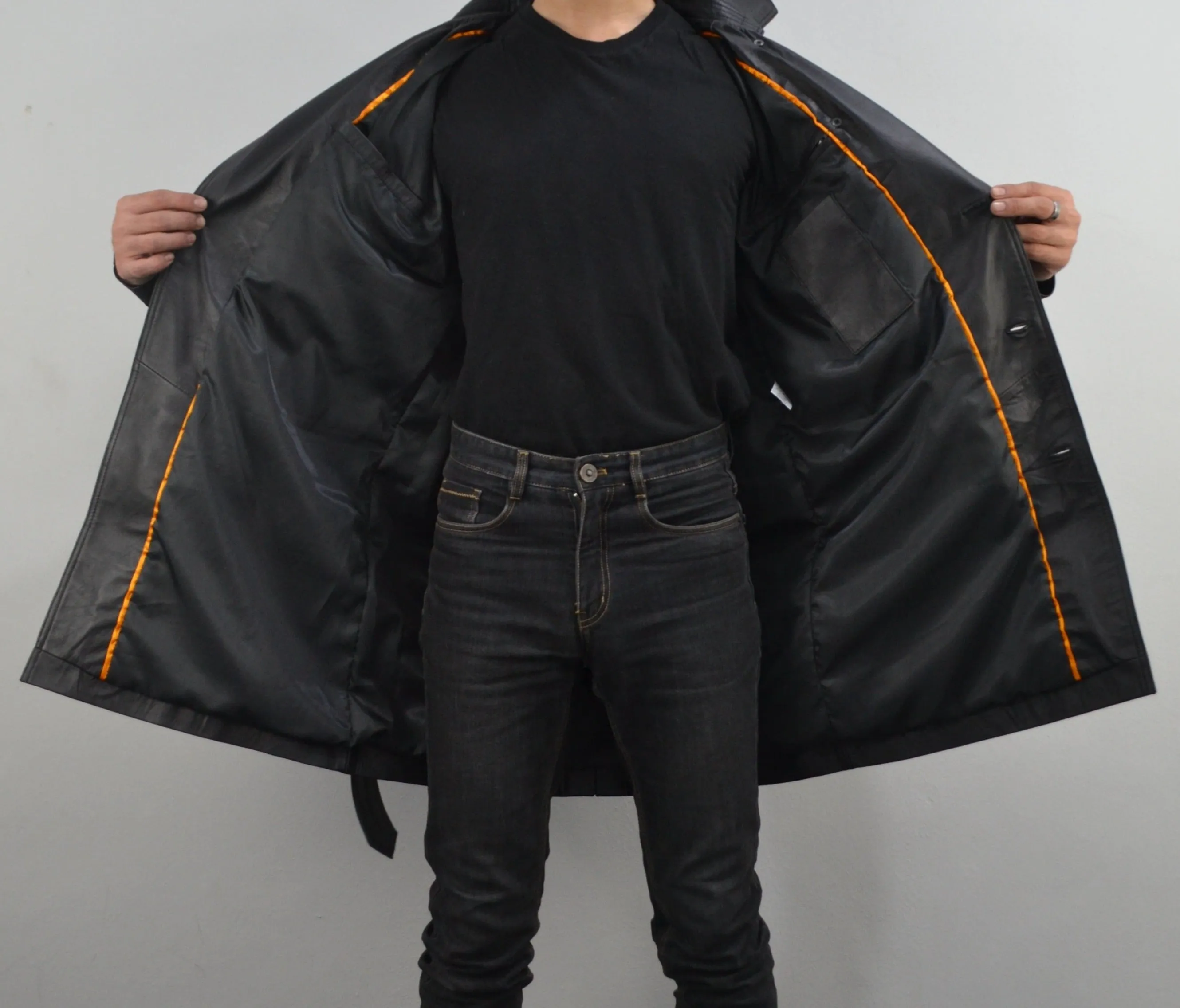 Men's Black Double-Breasted Mid-Length Belted Genuine Leather Coat