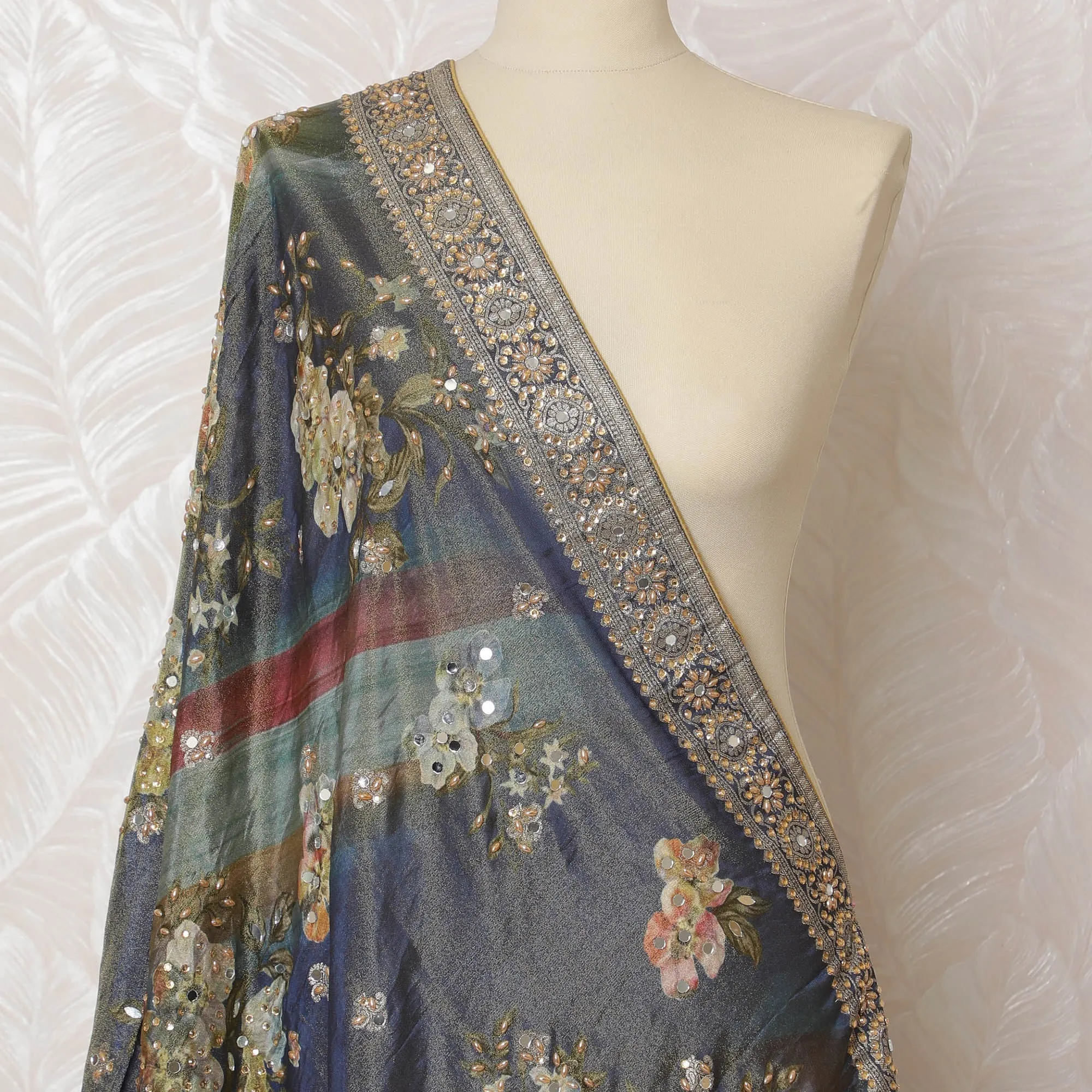 Navy Blue and Multicolor Floral Synthetic Brocade Premium Dupatta 225x80 cm-D19063