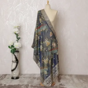 Navy Blue and Multicolor Floral Synthetic Brocade Premium Dupatta 225x80 cm-D19063