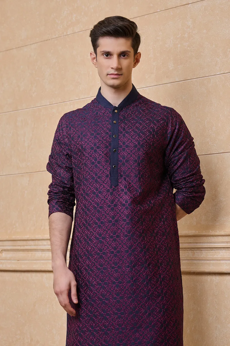 Navy Solid Kurta Set With Embroidery