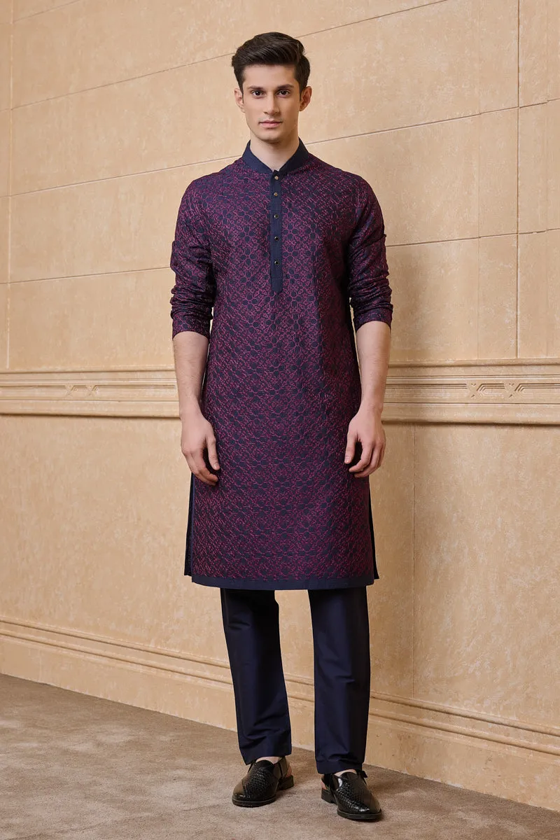 Navy Solid Kurta Set With Embroidery