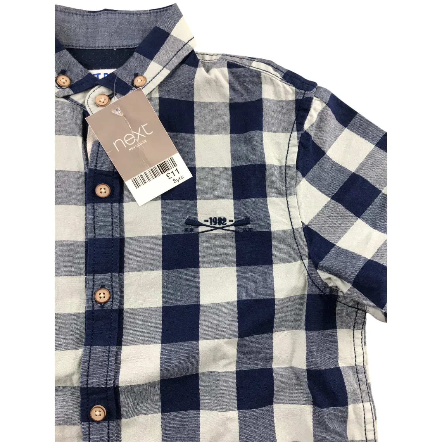 Next shirt 7-8 years navy and light blue checked short sleeve cotton