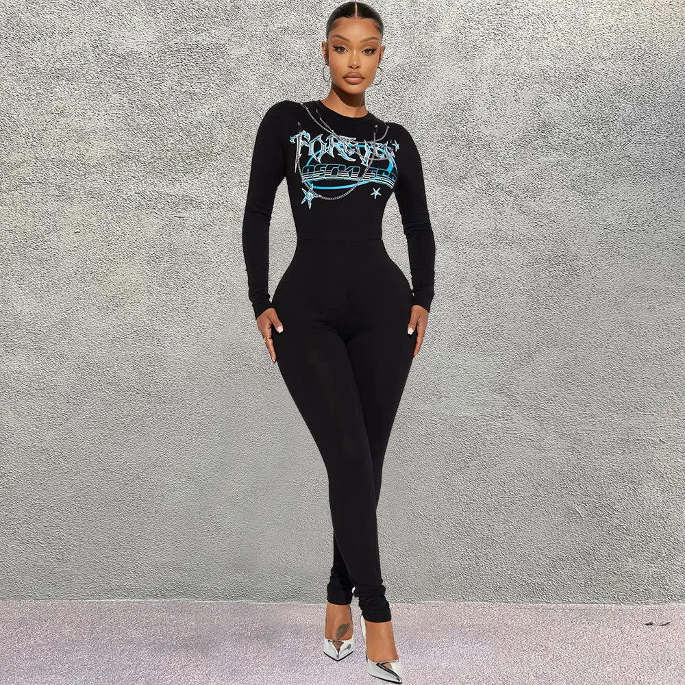 One Piece Women Clothing Print round Neck Long Sleeve Stretchy Slim Fit Tight Jumpsuit