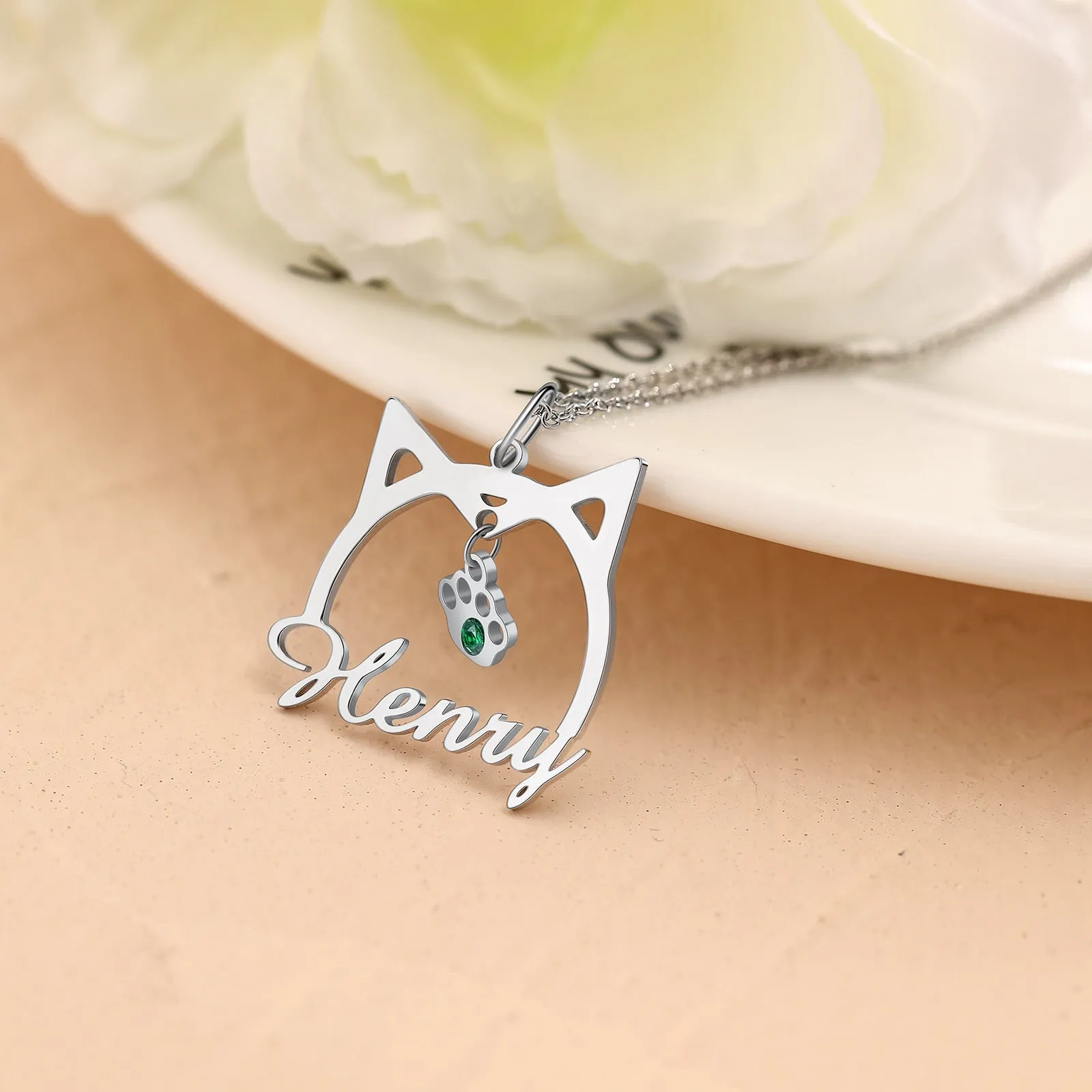 Personalized Cute Cat Shape Name Necklace Customized Nameplate Paw Pendant with Birthstone Women Jewelry