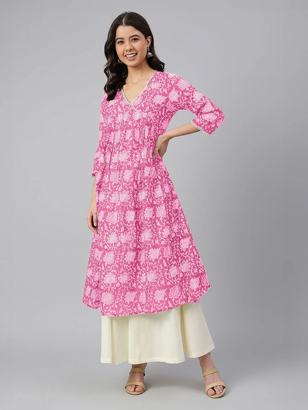 Pink Pure Cotton Floral Printed Flared Kurta