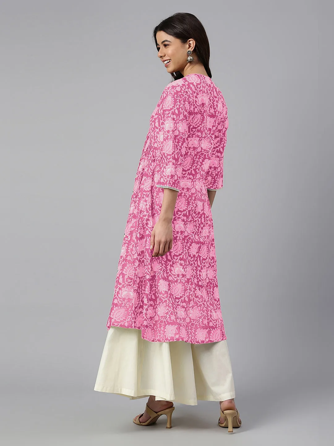 Pink Pure Cotton Floral Printed Flared Kurta