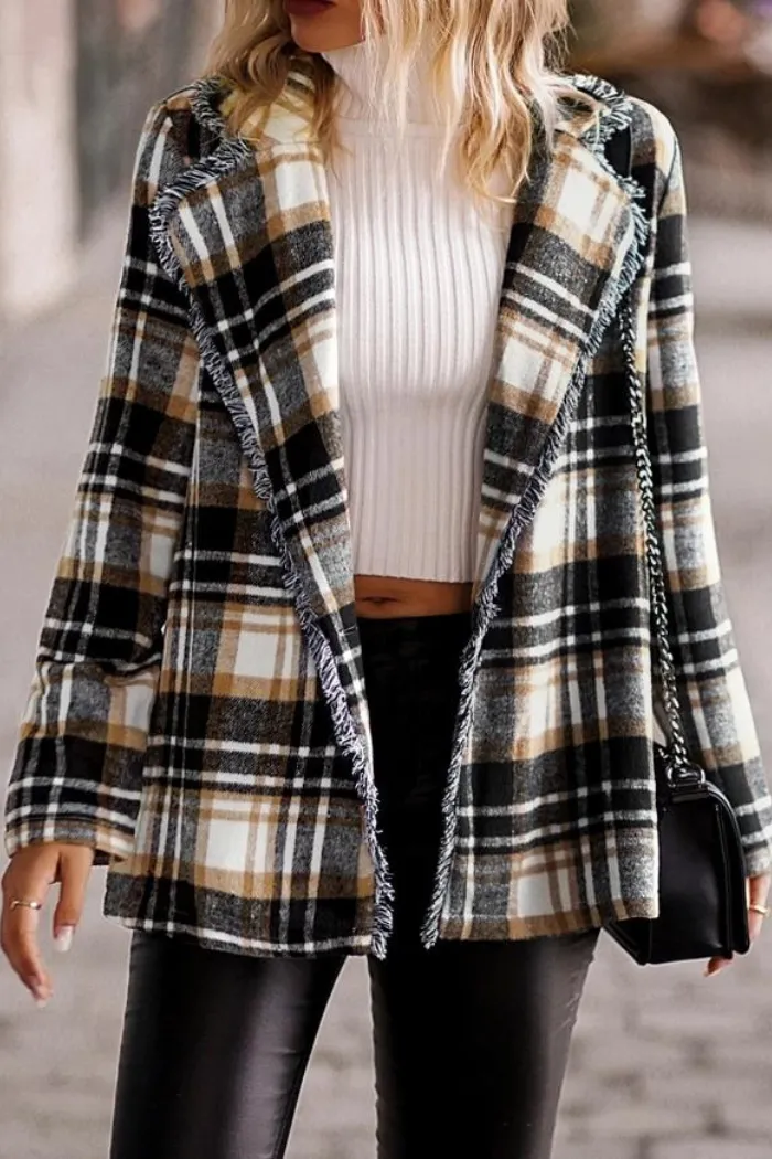 Plaid with Fringe Shacket Blazer