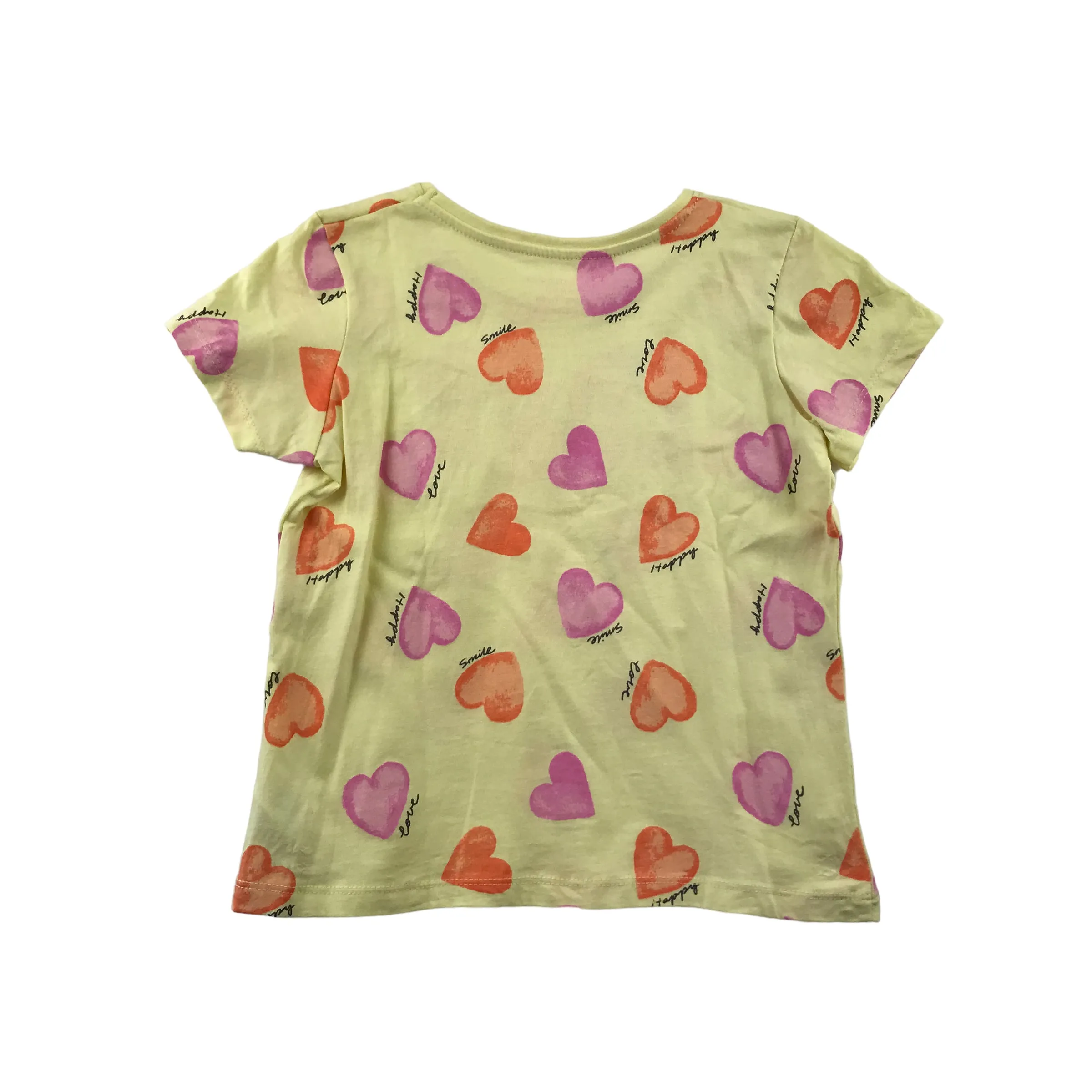 Primark t-shirt 7-8 years yellow love heart print short sleeve cotton