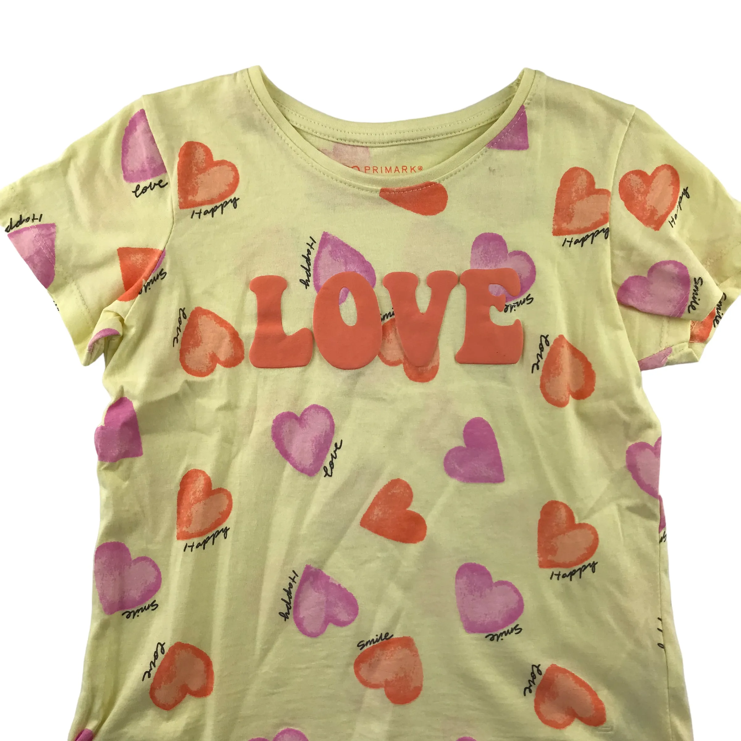 Primark t-shirt 7-8 years yellow love heart print short sleeve cotton