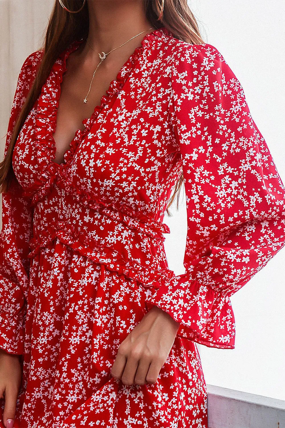 Red Floral Print Casual Dress