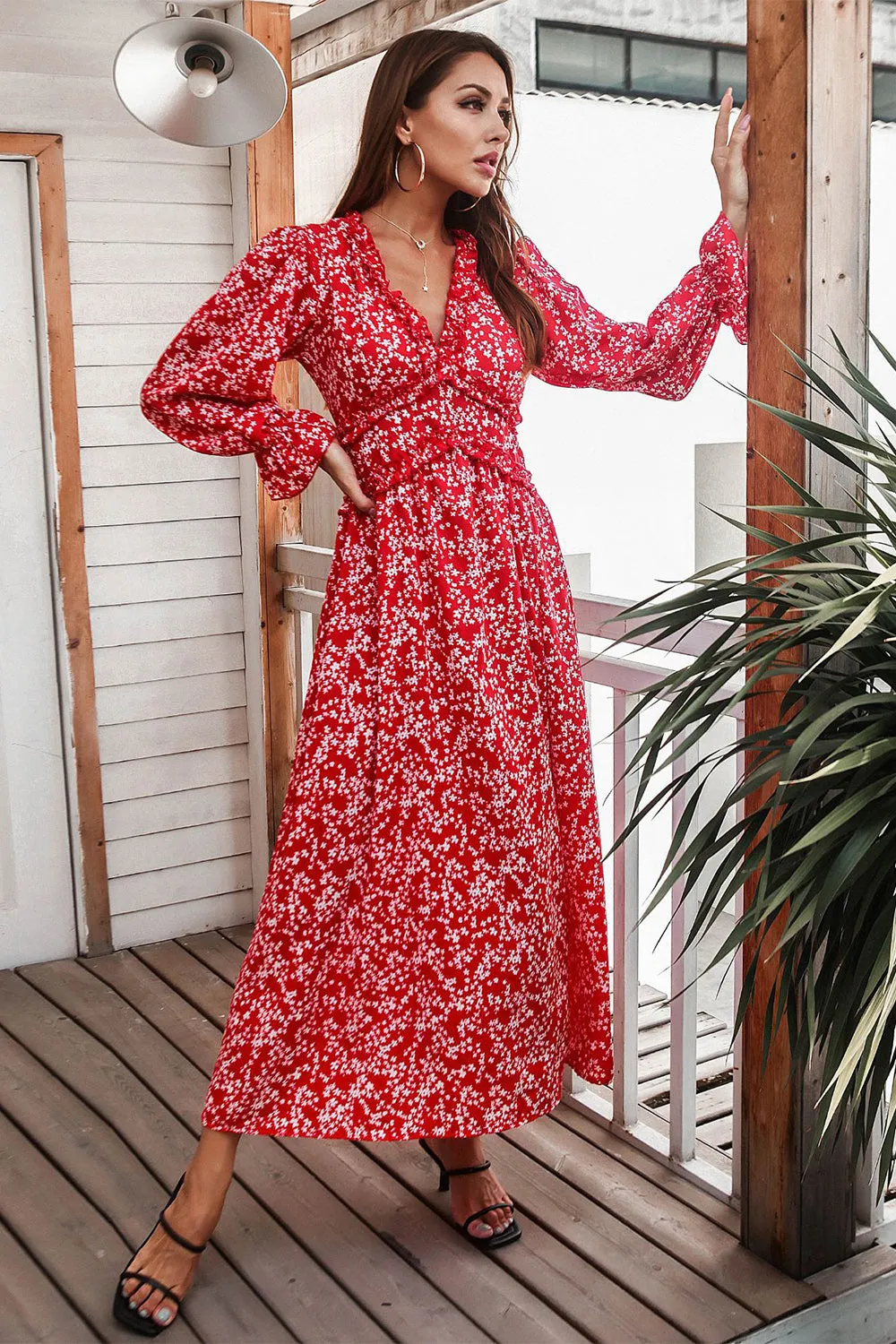 Red Floral Print Casual Dress