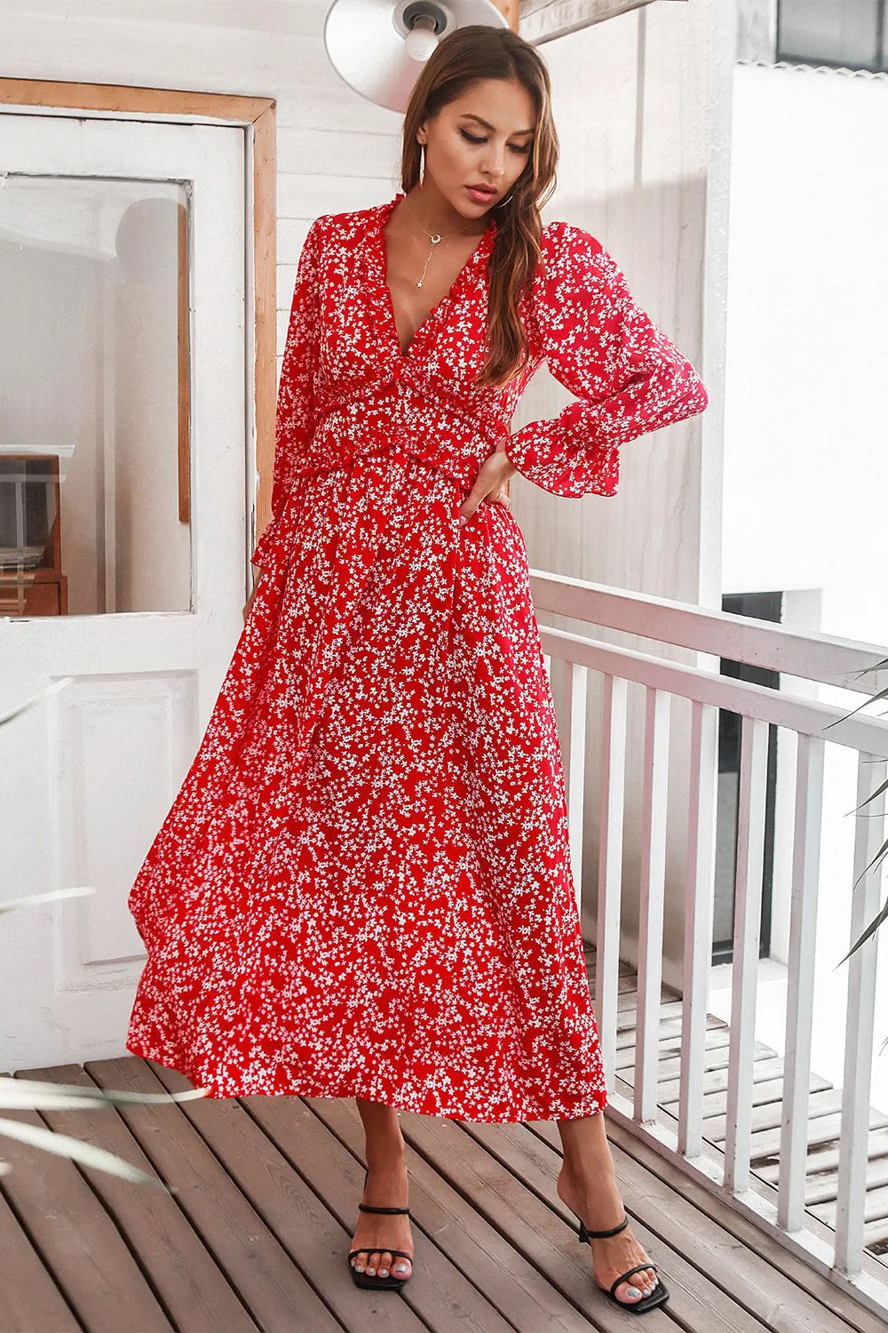 Red Floral Print Casual Dress