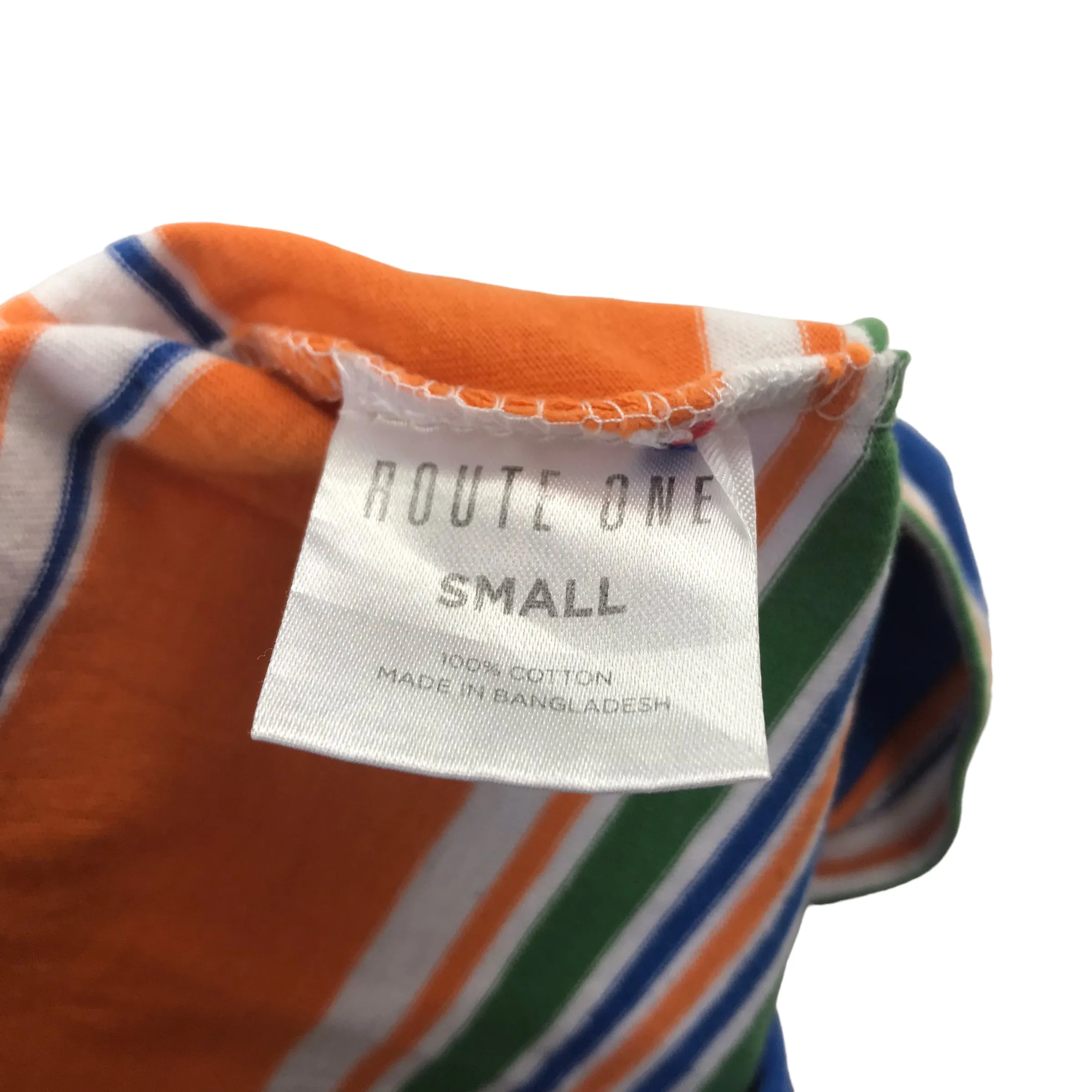 Route One t-shirt size S orange and blue stripy short sleeve cotton