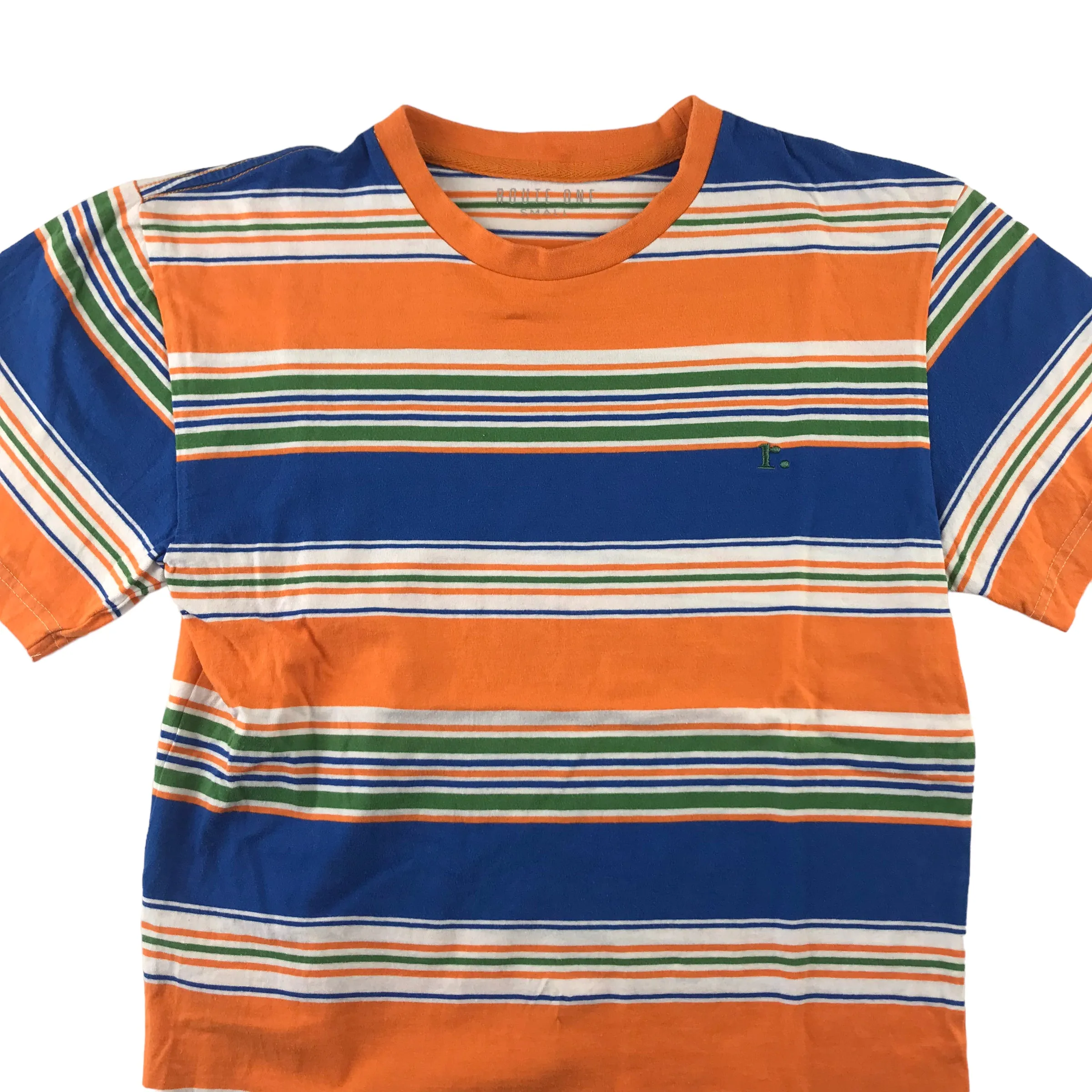 Route One t-shirt size S orange and blue stripy short sleeve cotton