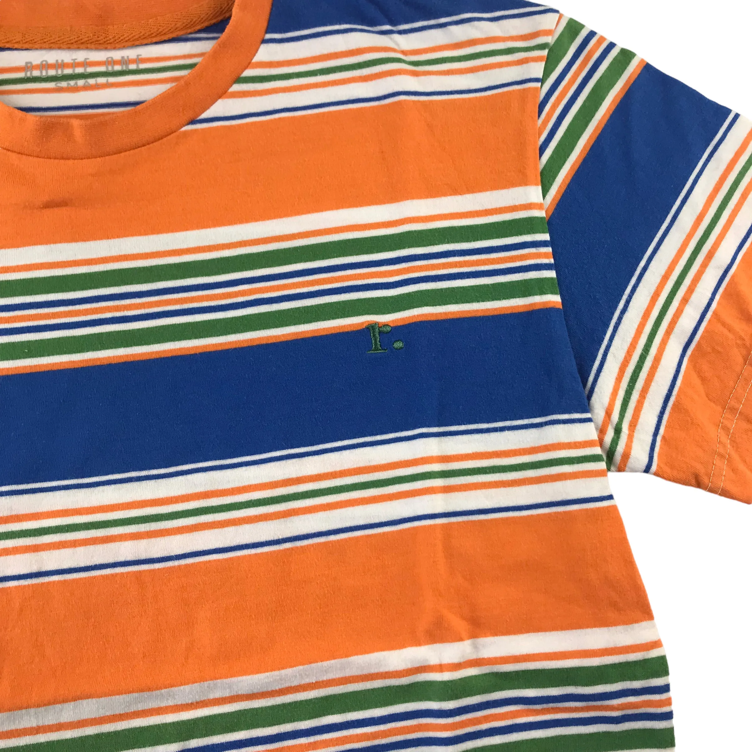 Route One t-shirt size S orange and blue stripy short sleeve cotton