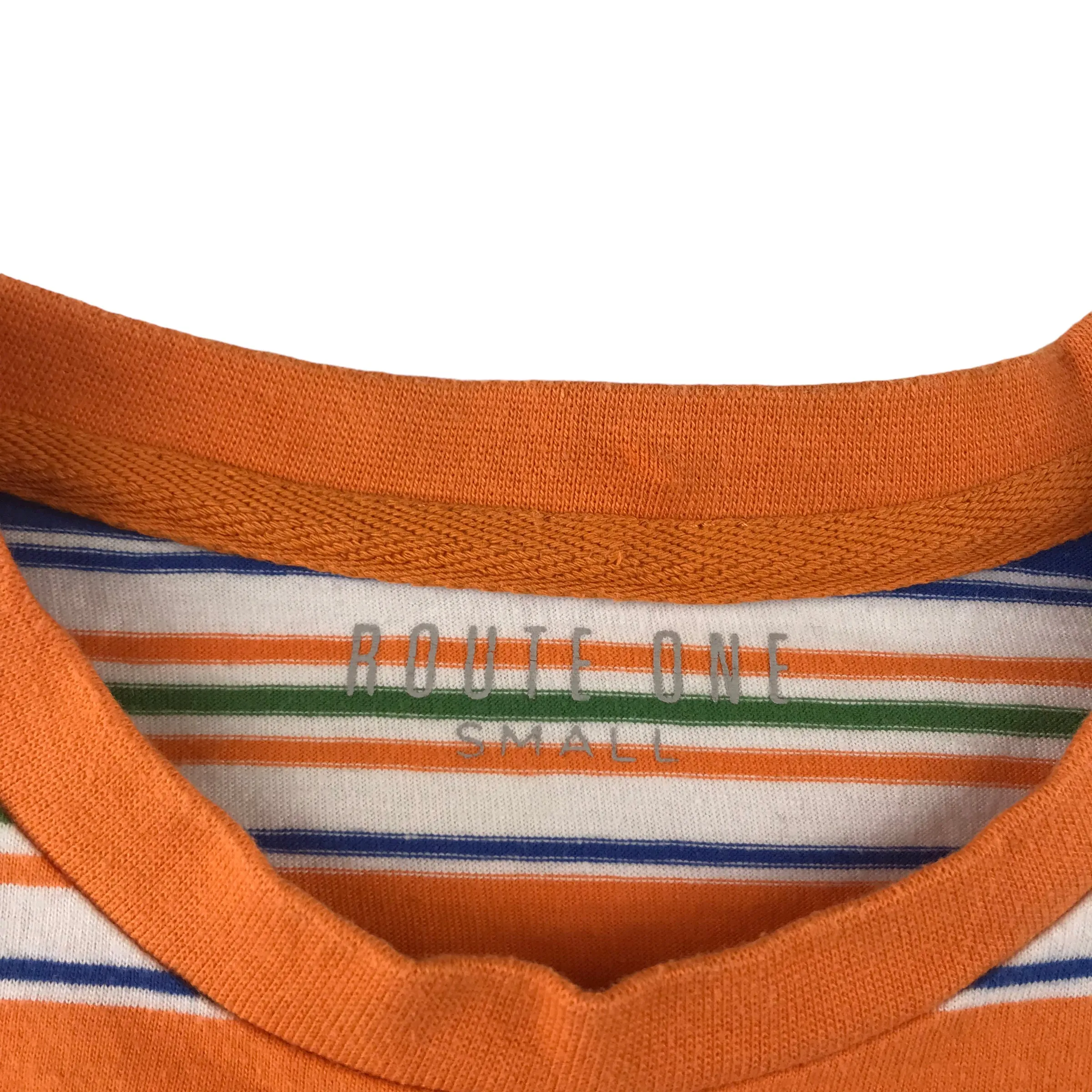 Route One t-shirt size S orange and blue stripy short sleeve cotton