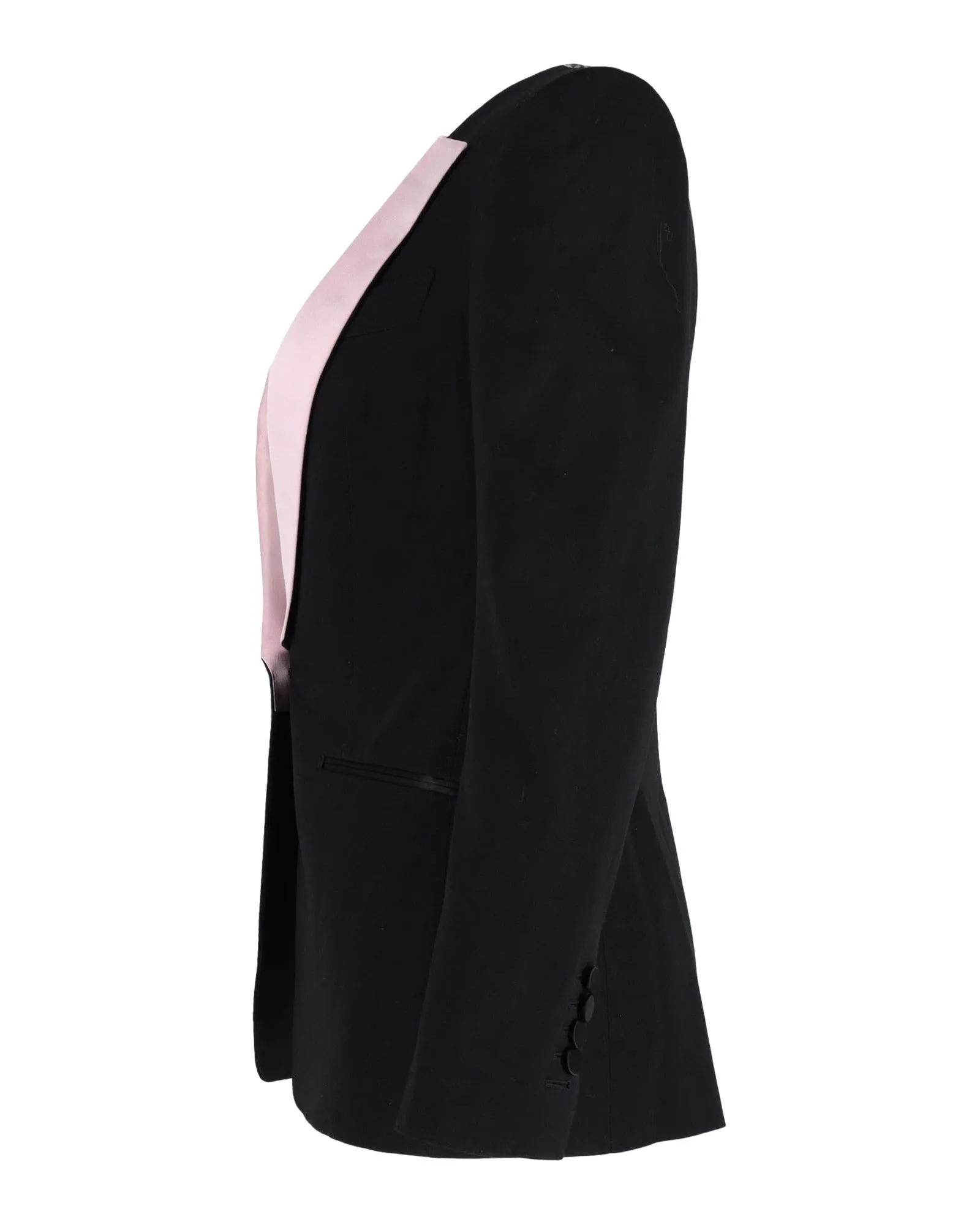 Sophisticated Black Virgin Wool Blazer with Vibrant Pink Lapel