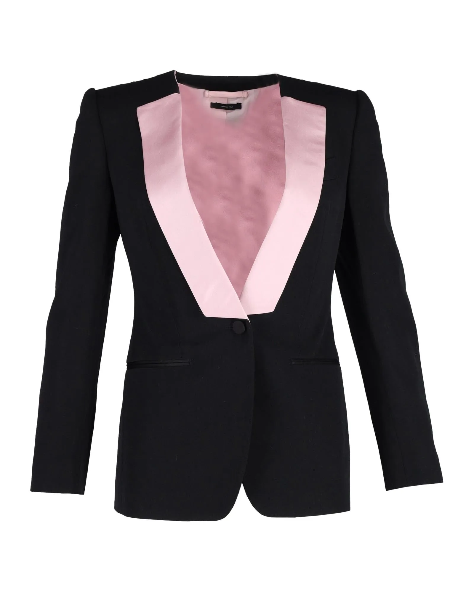 Sophisticated Black Virgin Wool Blazer with Vibrant Pink Lapel