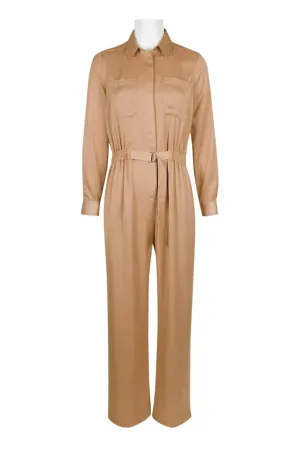 Sophisticated Satin Crepe Belted Jumpsuit with Elegant Collar