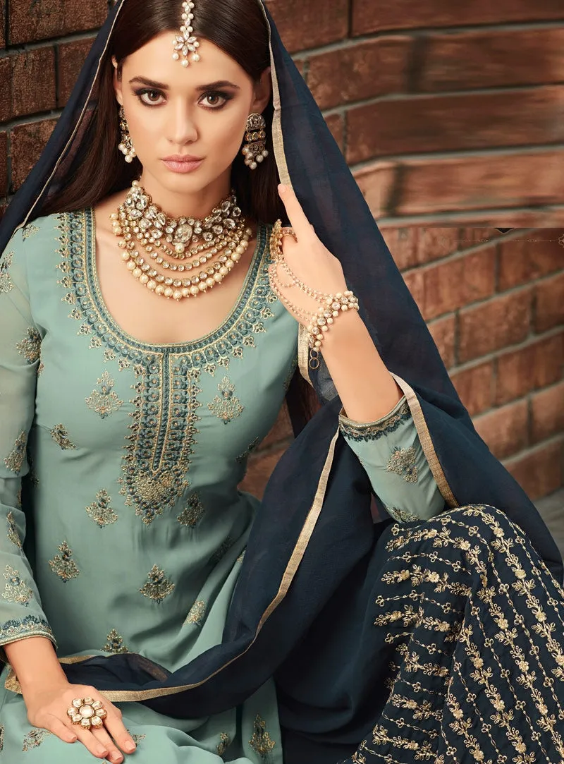 Teal And Blue Traditional Embroidered Palazzo Suit