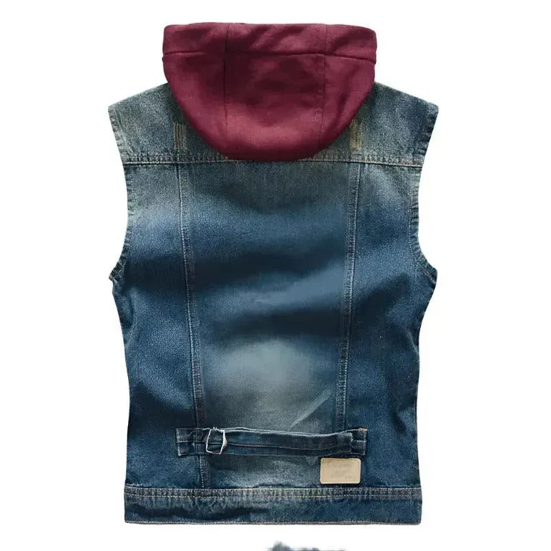 Versatile Hooded Denim Vest with Detachable Features