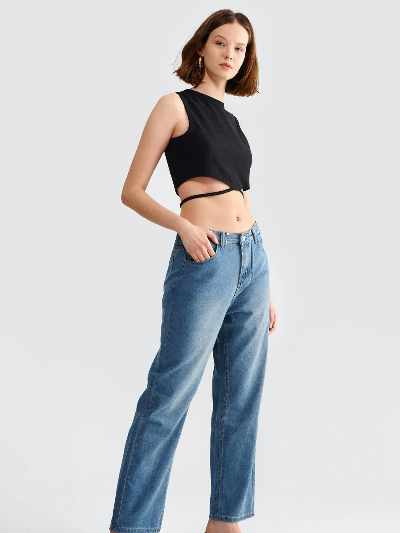 Washed Zipper Wide Leg Jeans