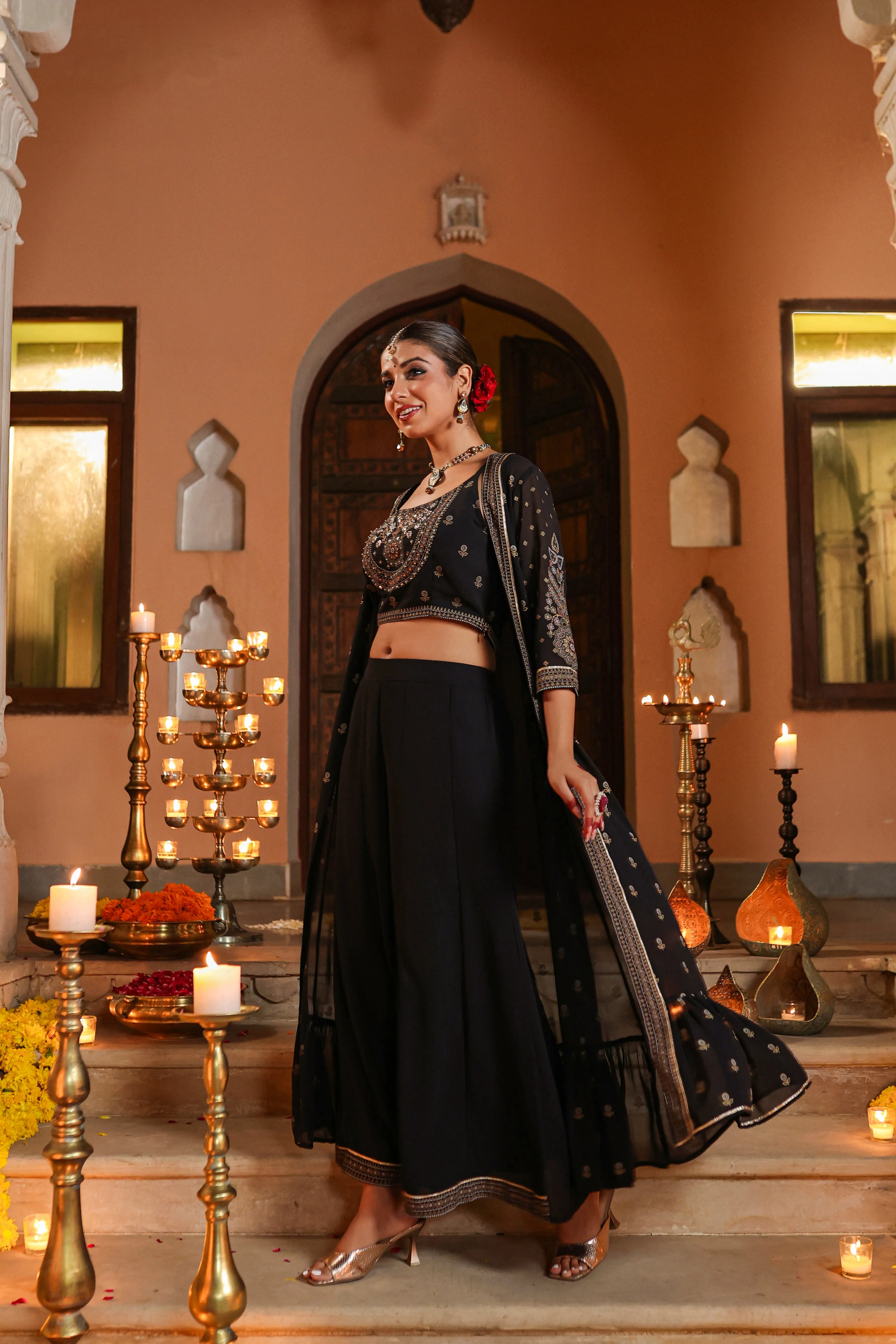 Women Black Georgette Printed Clothing Set