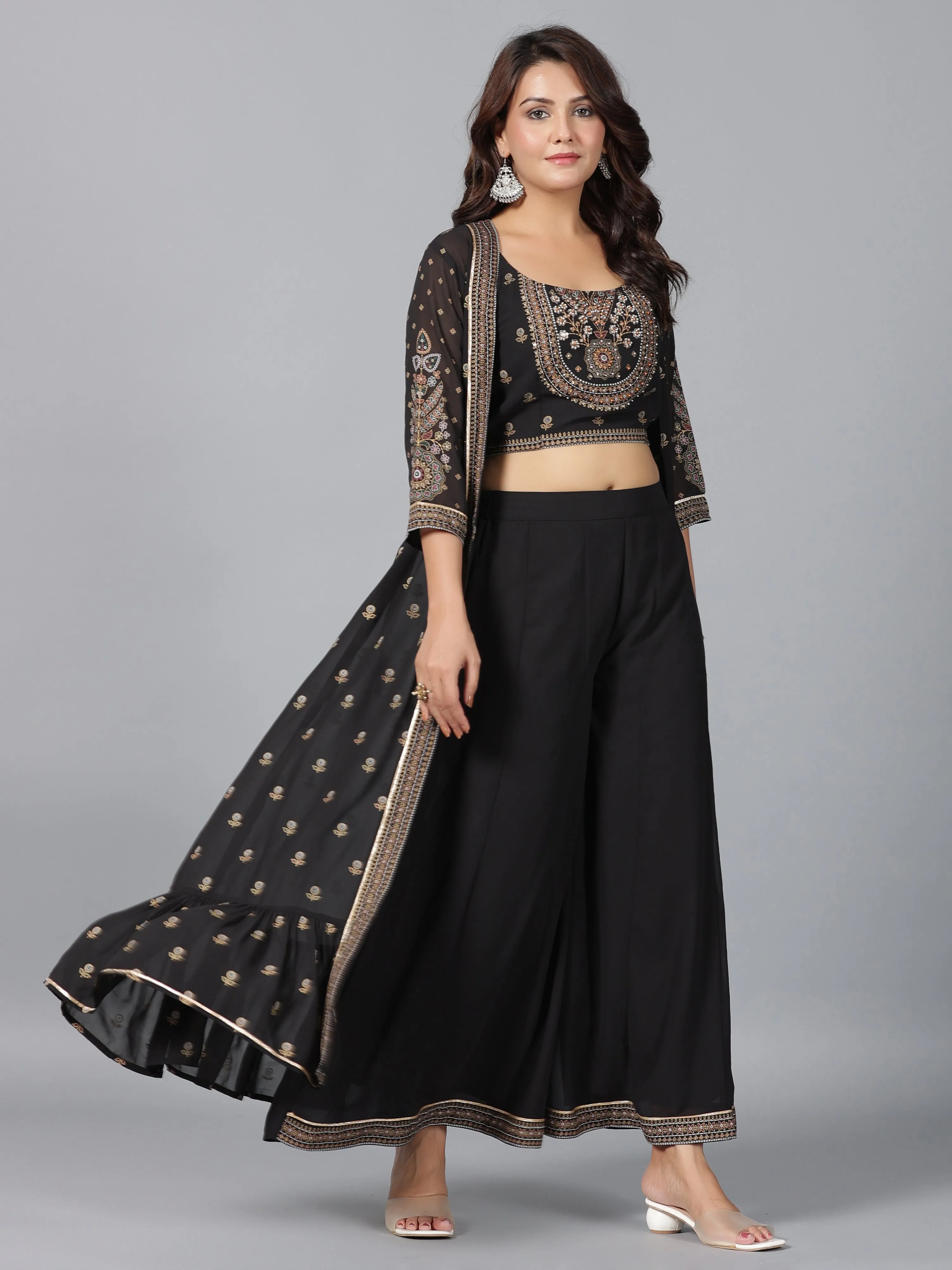 Women Black Georgette Printed Clothing Set