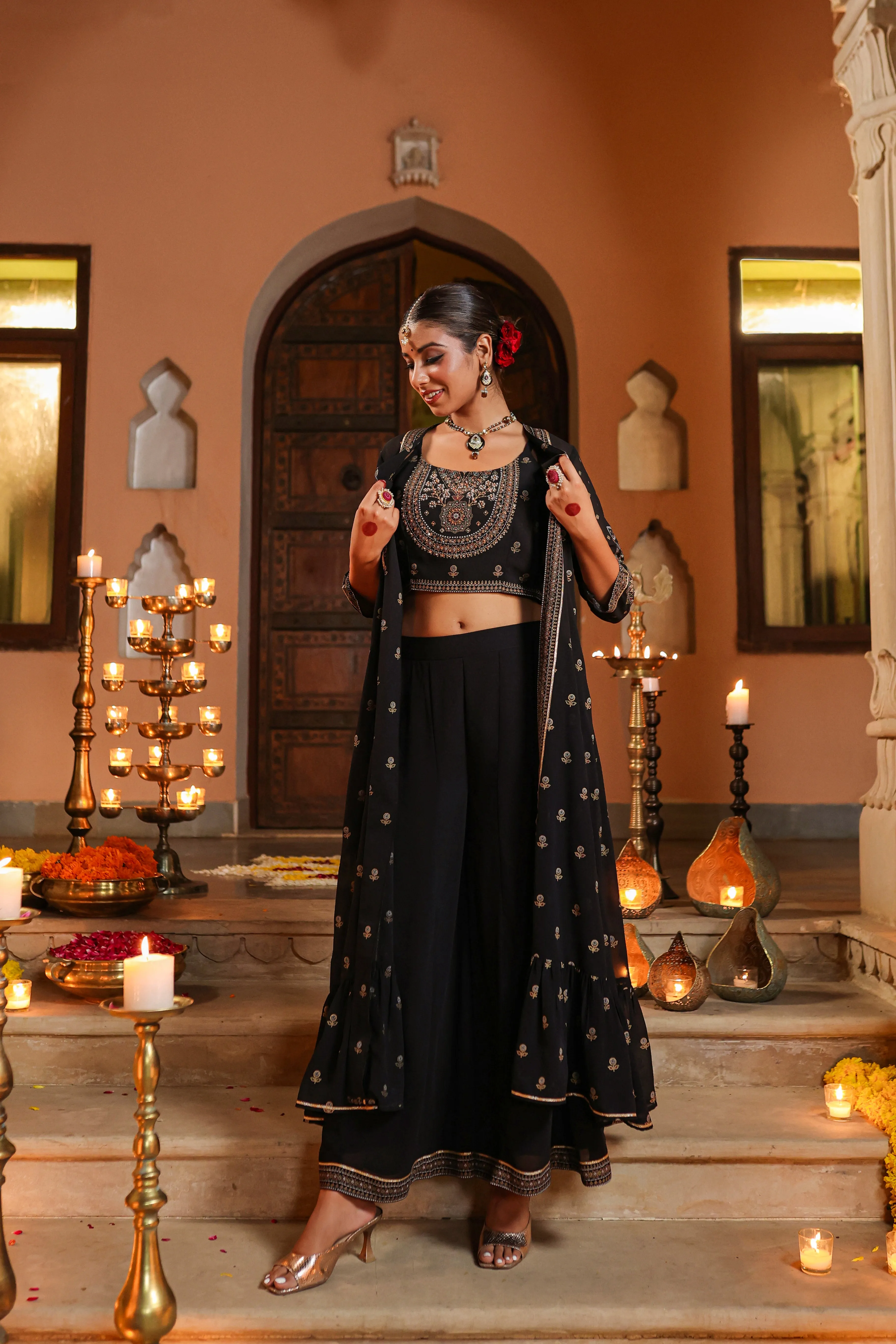 Women Black Georgette Printed Clothing Set